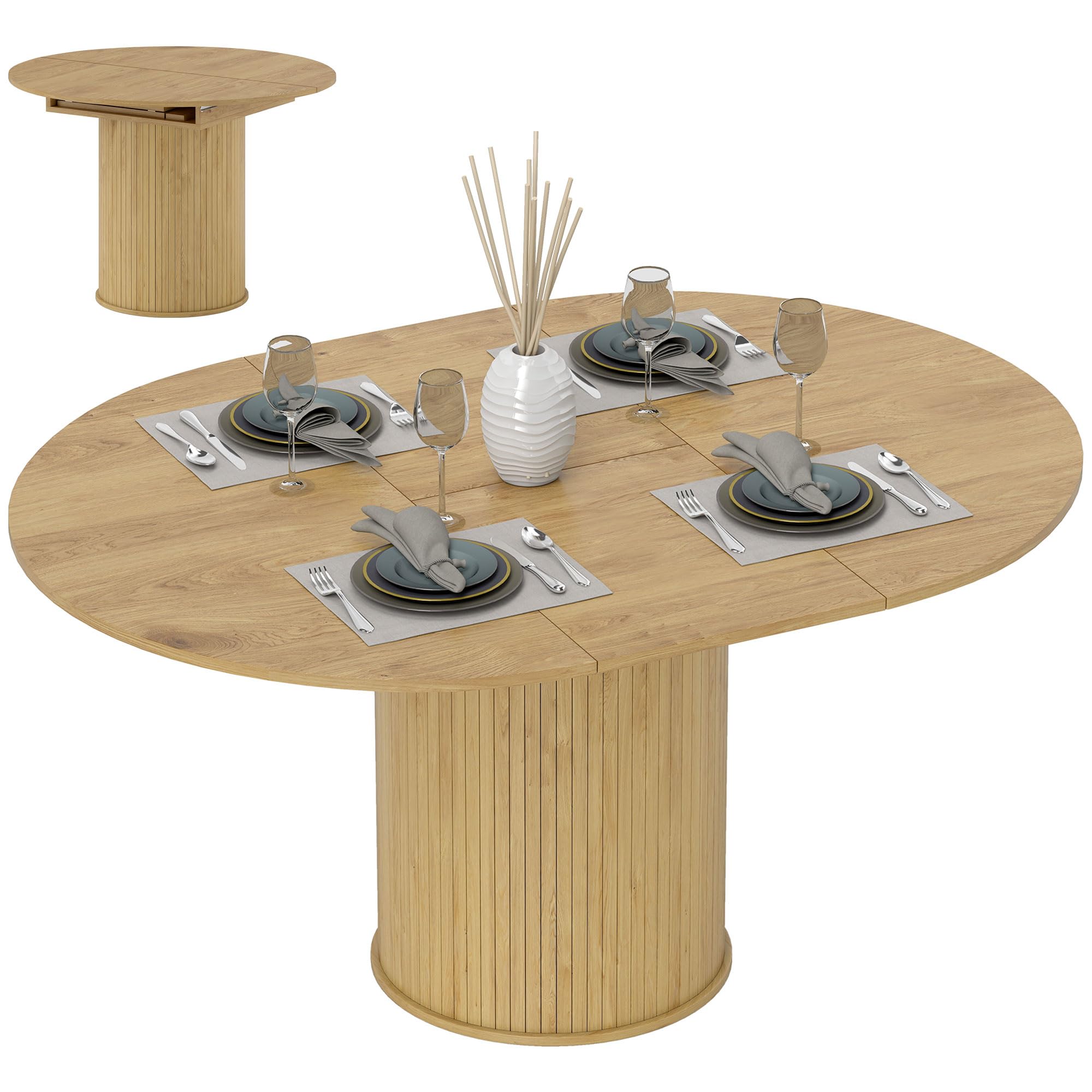 HOMCOM Mesa de Comedor Extensible Redonda, 110-​150 cm, Mesa de Cocina Extensible, para 6-​8 Personas, con Base Estriada Ancha, para Salón, 110-​150x110x75 cm, Madera Natural