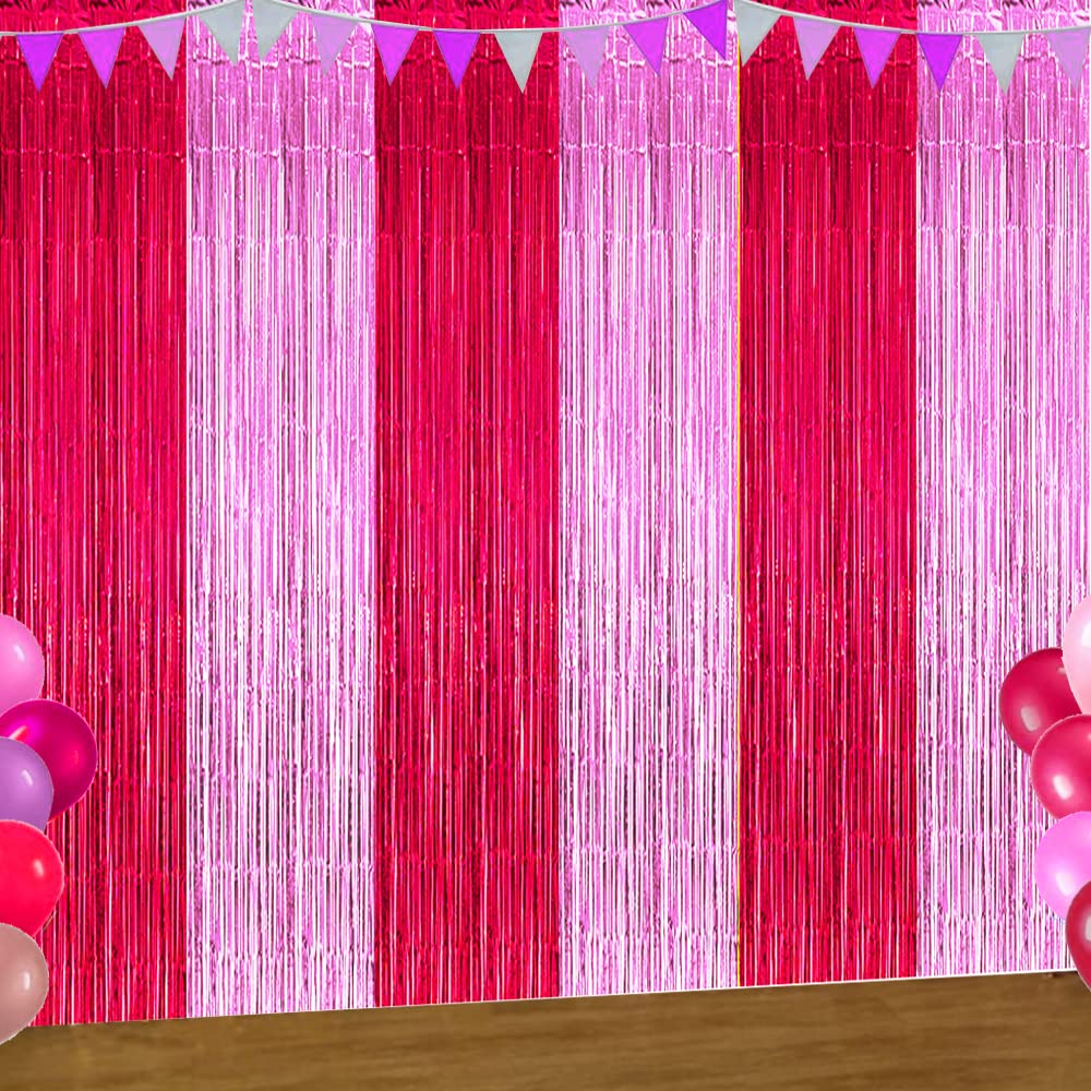 Valentines Day Tinsel Backdrop Curtains, Hot Pink and Pink Streamers Back Drop Foil Fringe for Birthday Valentine's Day Wedding Party Decor(3 Pack)