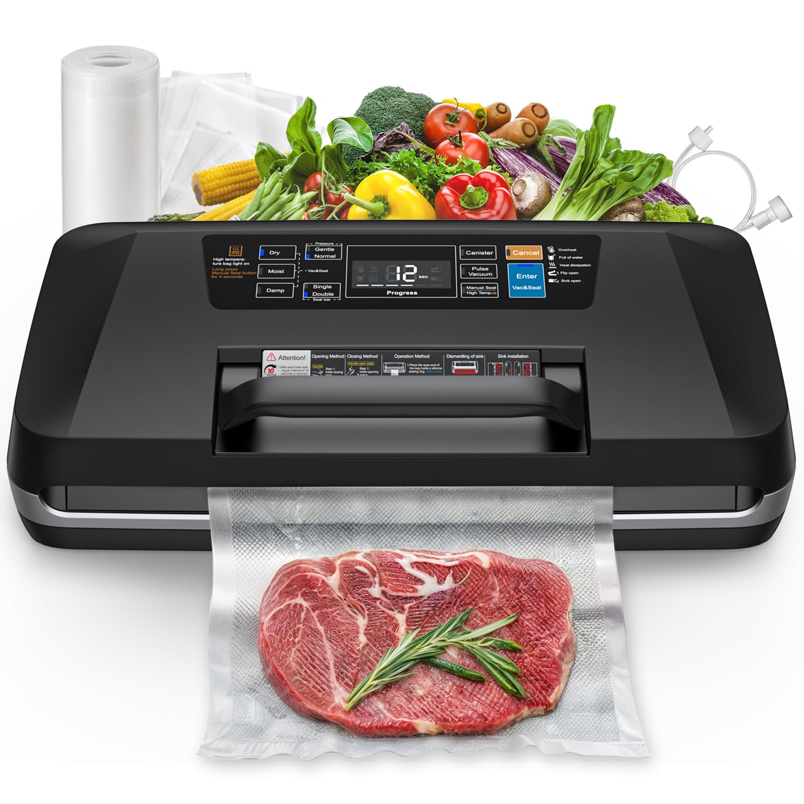 ROUUO vacuum sealer machine black with built-in cutter and bag storage