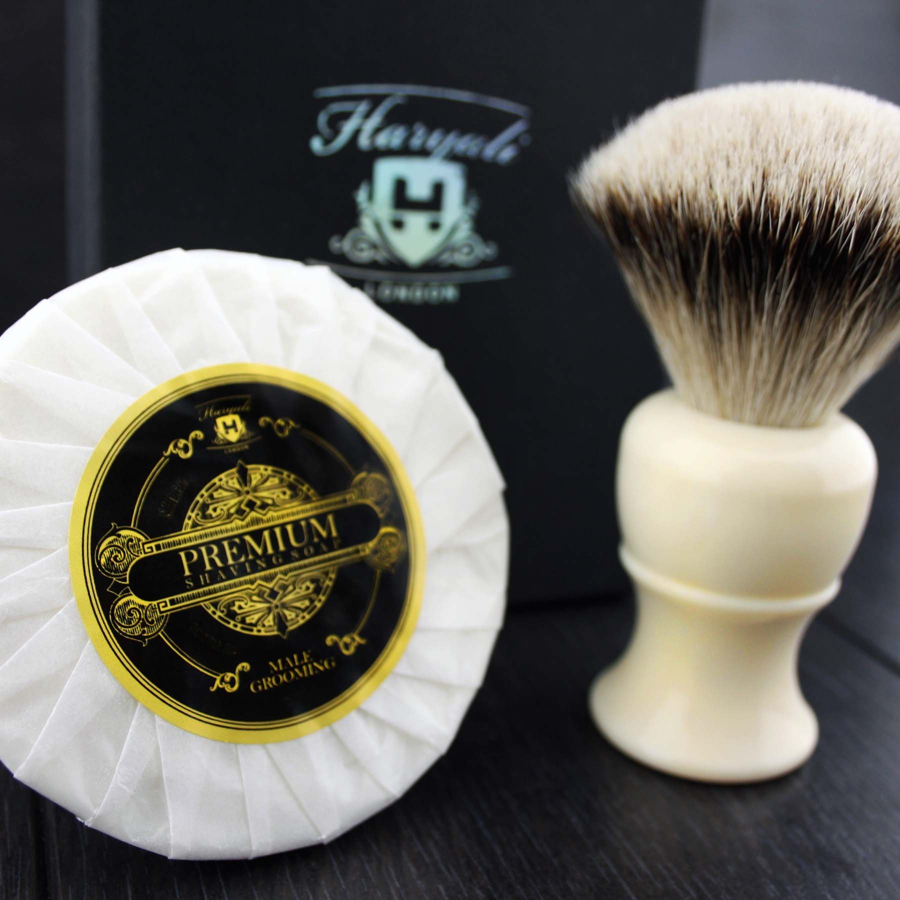 Silver Tip Badger Hair Shaving Brush in Ivory Horn Handle with Haryali London Premium Shaving Soap for a Great Lather.