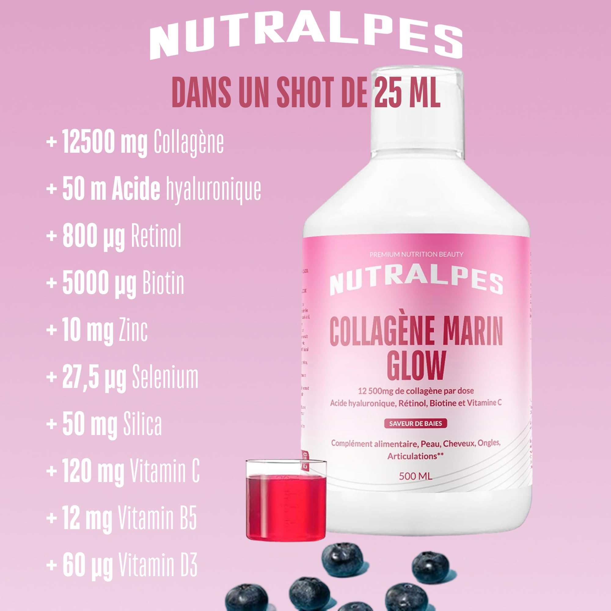 Collagène marin liquide 12500mg | Anti-Âge puissant | Peau Éclat & Hydratée | Acide hyaluronique, rétinol, vitamine C | 500ml | Saveurs baies.