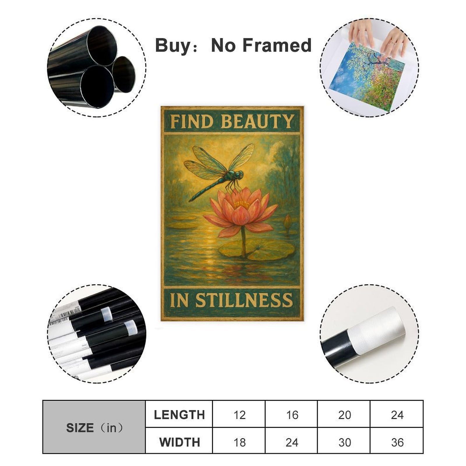 Poster su tela con libellula "Find Beauty in Stillness", per ufficio, idea regalo