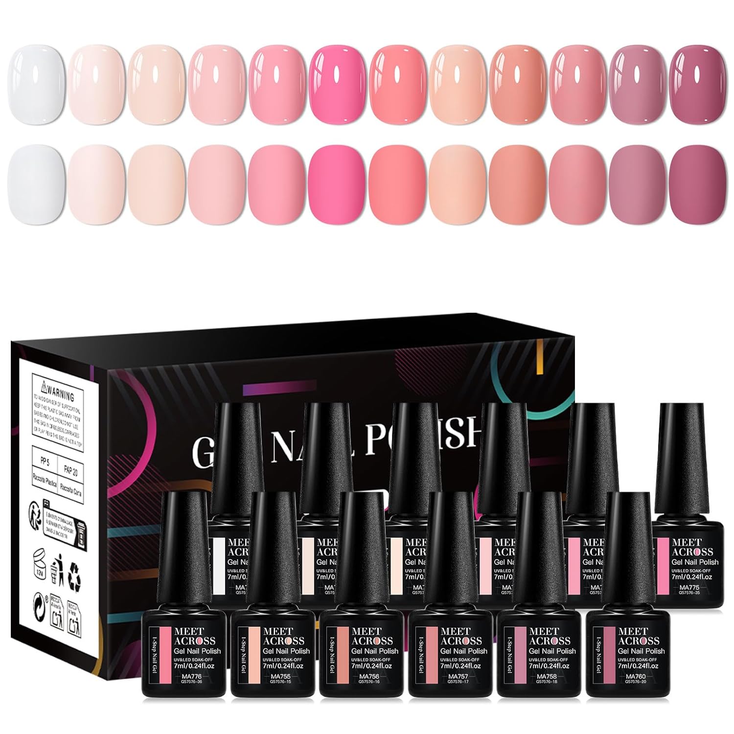 MEET ACROSS One Step Gel Polish Nude Pink Peach 3-in-1 Gel Nail Polish Set Skin Tones Neutral Soak Off Gel Nail Kit Manicure DIY Nail Art Salon Home Gift 12pcs*7ml