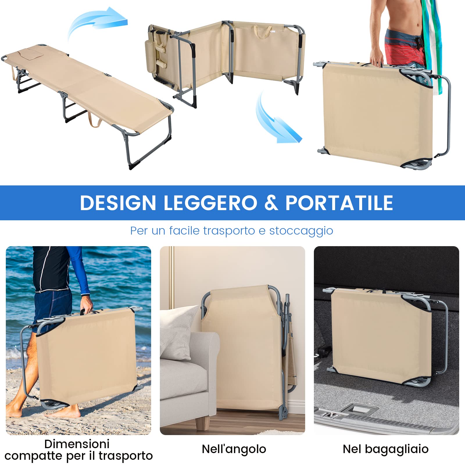 COSTWAY Lettino Prendisole da Spiaggia, Sdraio Mare Pieghevole Leggero con Foro per il Viso e Cuscino, Schienale Regolabile 5 Posizioni, Telaio in Alluminio, per Patio, Piscina e Campeggio (Beige)