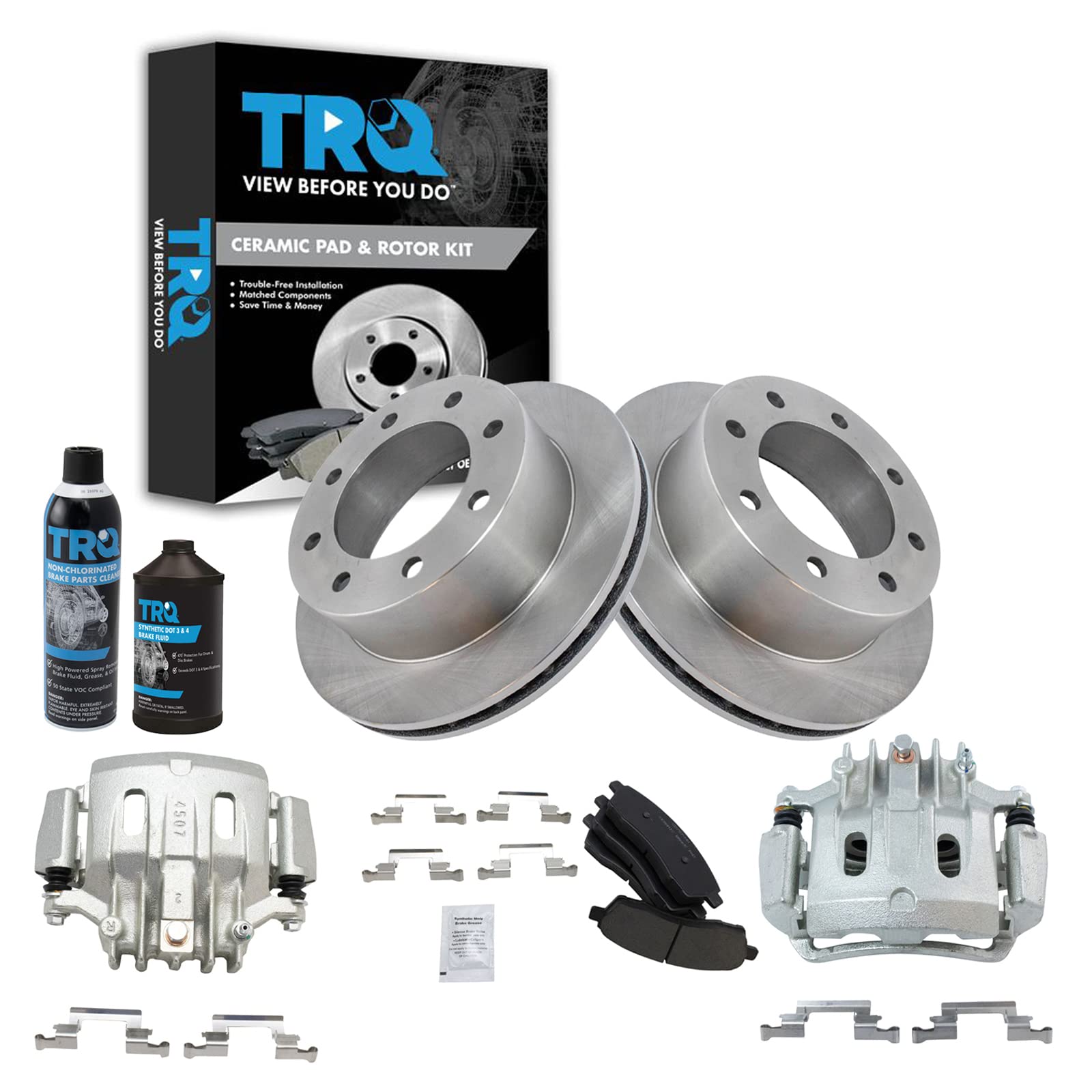 TRQ Rear Brake Pad, Caliper, &amp; Rotor Kit, with Chemical Kit Ceramic Compatible with 2000-2005 Ford Excursion 2000-2004 F-250 Super Duty F-350 Super Duty