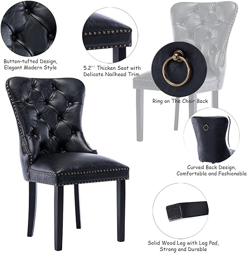 Miniatura 3 de CIMOTA Juego de 2 sillas de comedor de cuero negro, modernas de mediados de siglo, sillas de comedor tapizadas para cocina, comedor, cómodas sillas