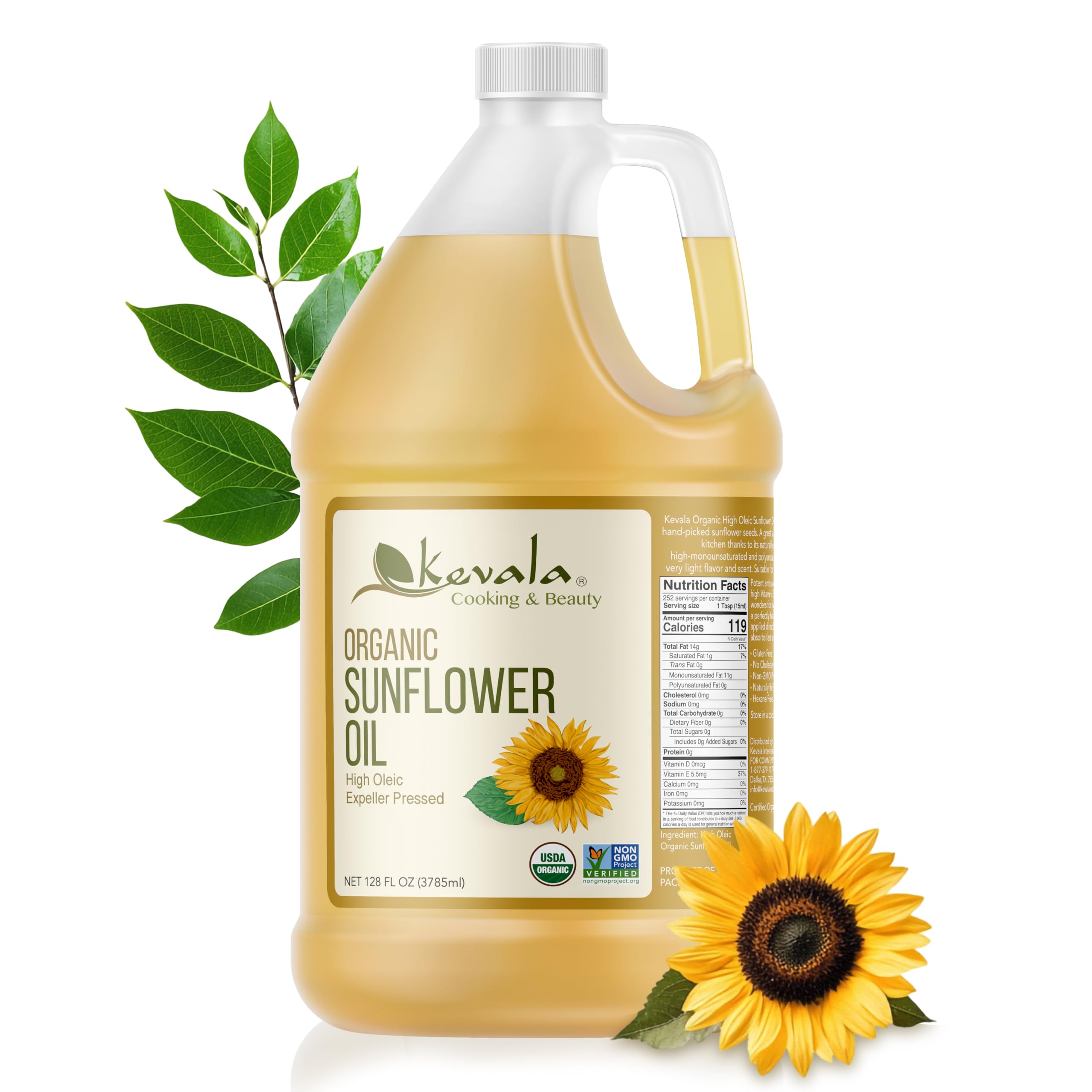 Kevala Organic Sunflower Oil - Oil Rich in Vitamin E for Cooking and Body Care, Great Ingredient for a Salad Dressing with no Cholesterol, Kitchen Pantry Staple for your Home, 128 fl oz, 1 gal