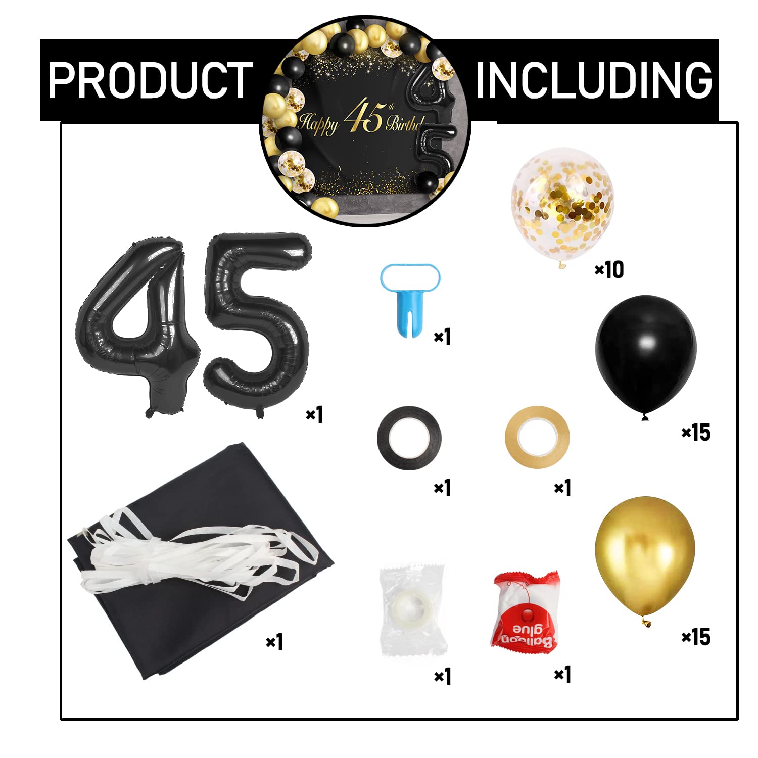 45. Geburtstag Dekoration Set – Mit Banner, Dreieck-Flaggen & Wirbeln, Schwarz, Für Geburtstagsparty