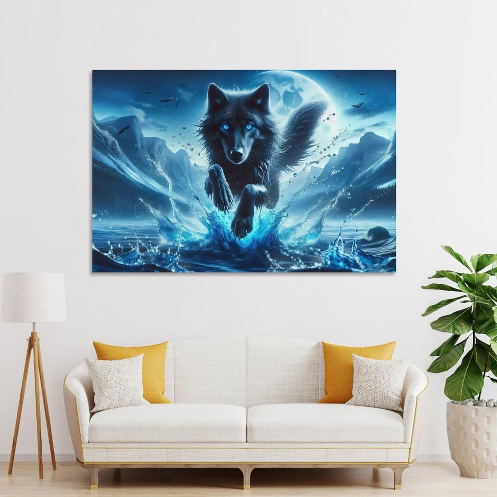 Junmoney Unframe-Style-2 Black Wolf Leaping Room Decor Wall Art, 24X36inch(60X90cm), For Bedroom, Guest Room Or Reading Nook, Home Artwork With A Soft Interior Feel