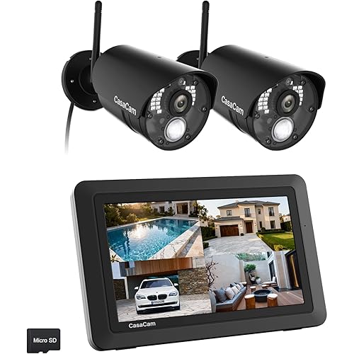 CasaCam GuardianCam Air | Wireless Security Camera System with 7" Touchscreen Monitor and 2 720p Cameras | AC Powered, Two-Way Audio, Free APP, Micro SD Card and Battery Installed, Model VS802