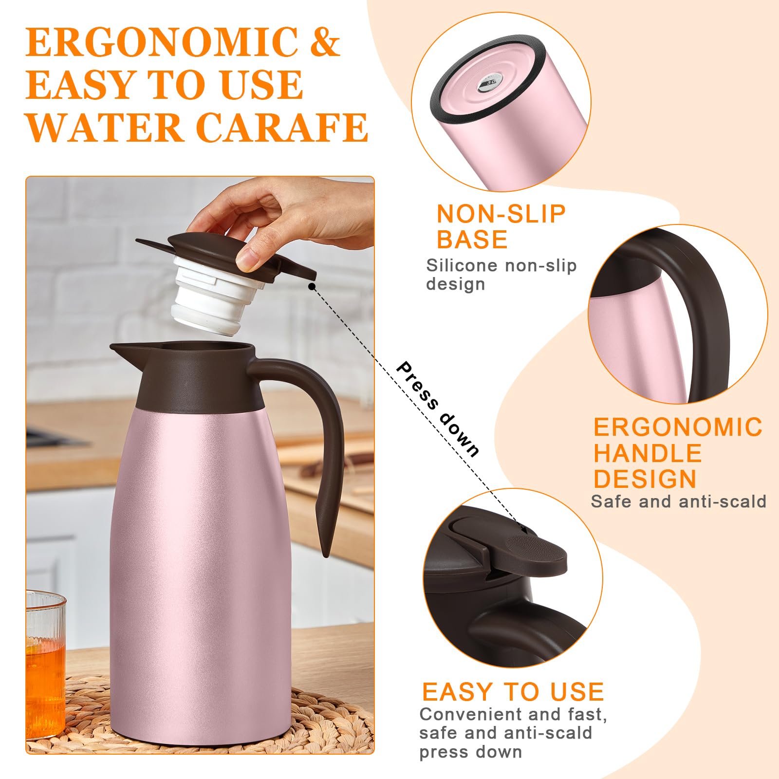 Norme 2 jarras térmicas de 68 onzas de acero inoxidable aisladas al vacío para café con cepillos, termo para café, agua caliente, té, bebidas calientes, mantiene 12 horas caliente (rojo rosa)