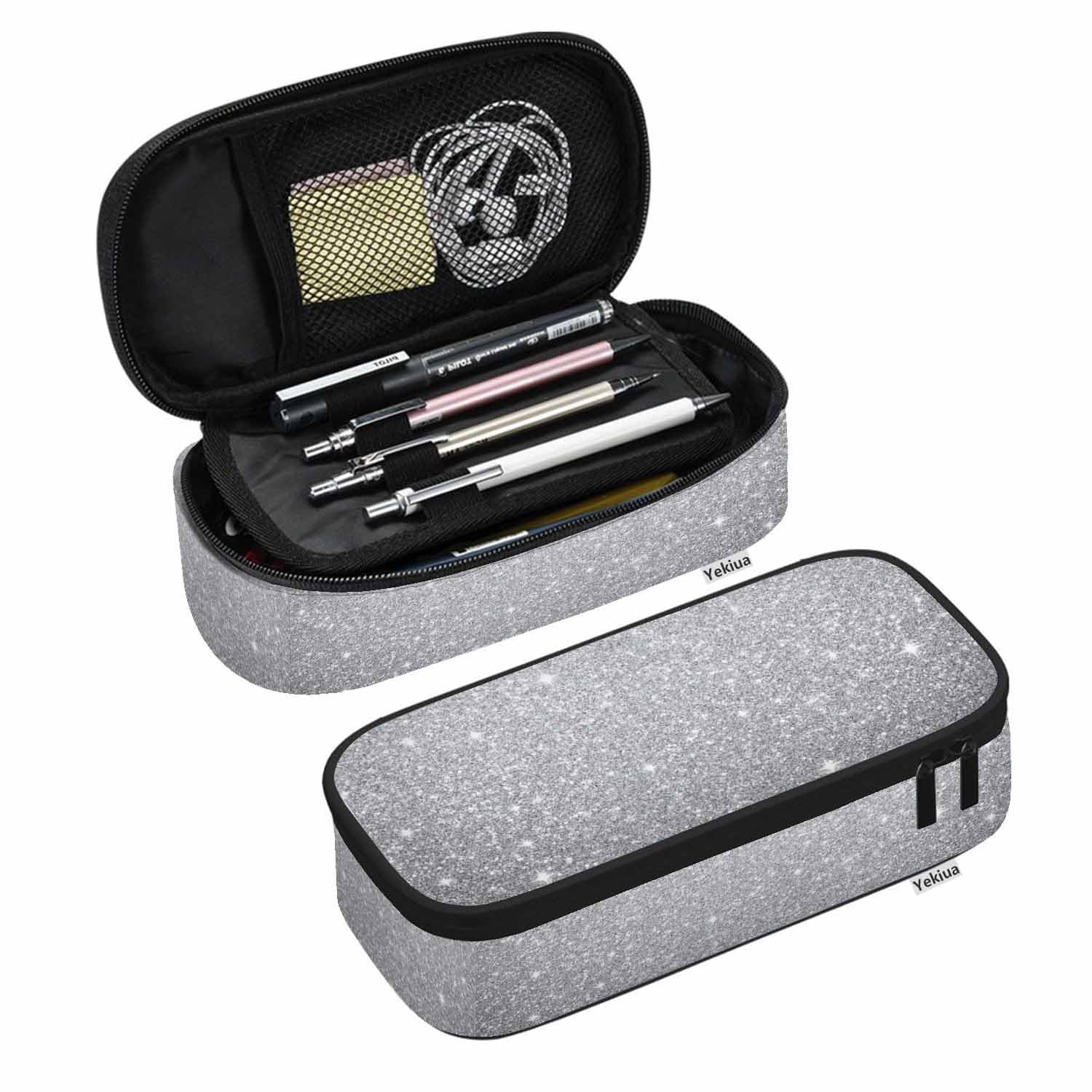 Yekiua Silver Glitter (printed) Pencil Pouch Abstract Monochrome Silver Bokeh High Capacity Pencil Case Stationary Bag Cosmetics Bag