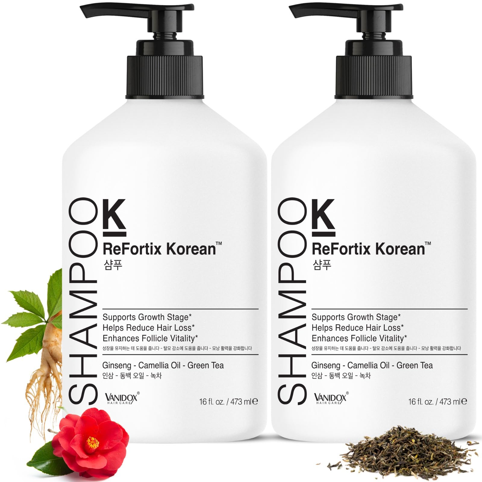 VANIDOX ReFortix Korean Shampoo and Conditioner Set, Enriched with Ginseng, Green Tea, and Camellia Oil, Supports Growth Stage and Helps Reduce Hair