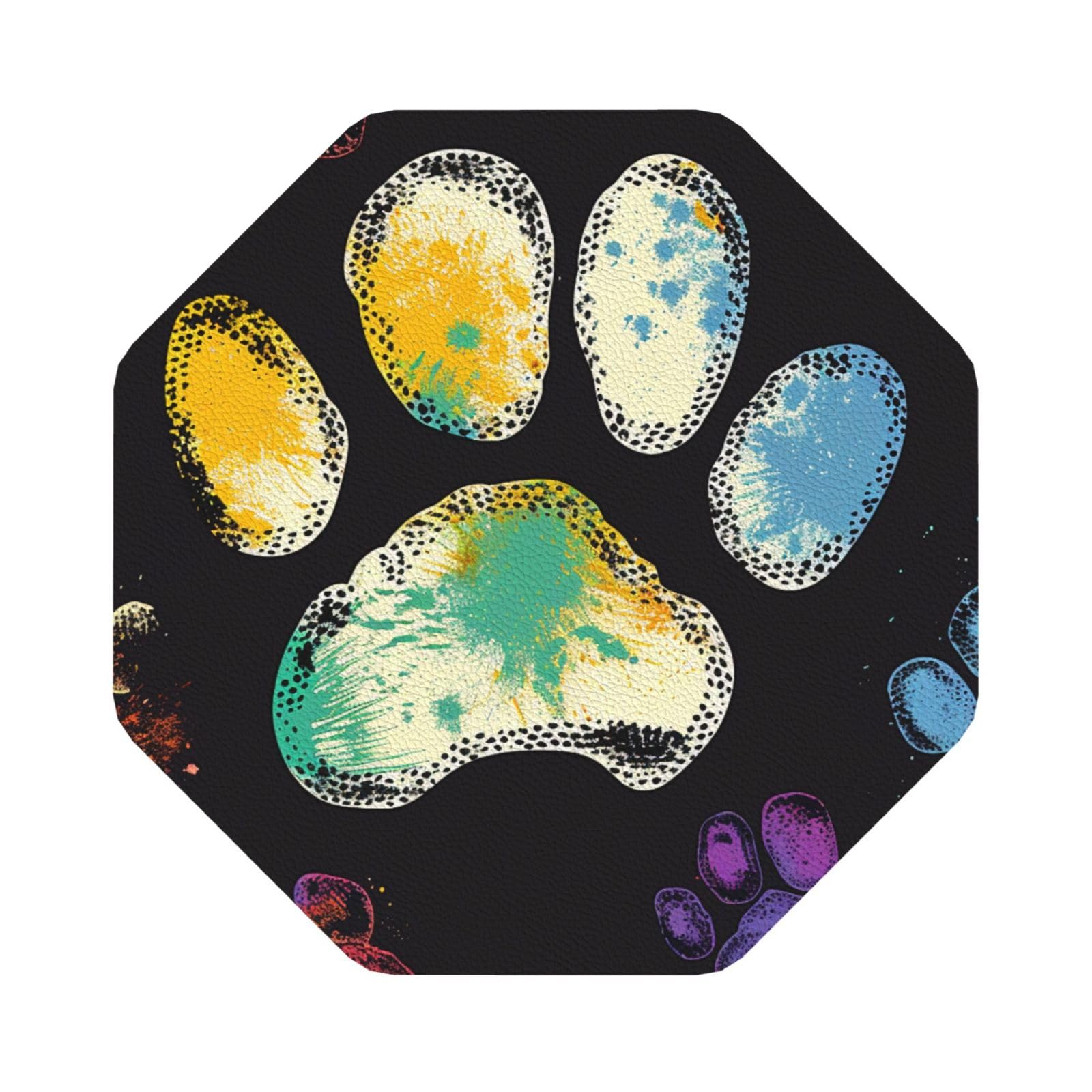 Colorful Dog Paw Print Black Print Leather Coaster Set of 6, Octagon Coasters Table Decorative Coffee Cup Beverage Coasters Wine Beer Bar Coasters for Hot Drinks Table Protection