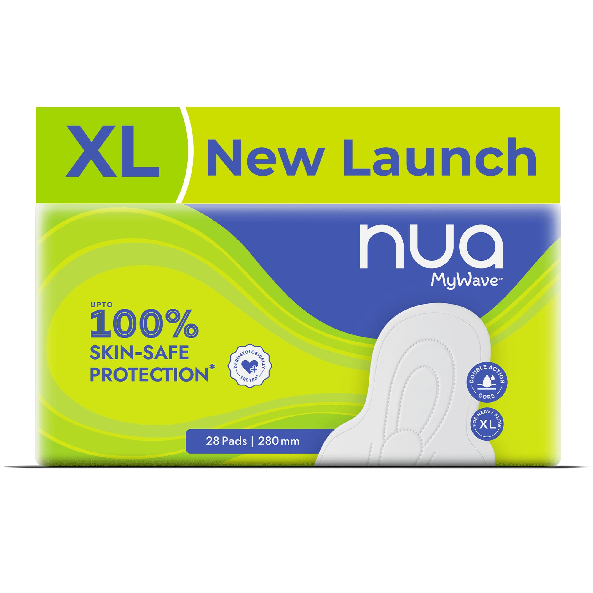 Nua MyWave XL Sanitary Pads for Women | Heavy Flow Period Pads | Super Soft, Rash-Free, Leak-Proof | Super Absorbent | Pack of 28 | Individually Wrapped