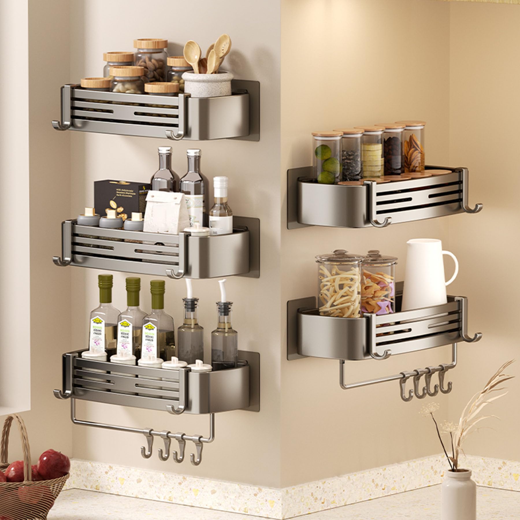 Mensole portaoggetti adesive per Doccia, mensole portaoggetti da Appendere Senza Foratura per organizzare Il Bagno, Grande capacità di stoccaggio per Cucina e Arredamento,Grigio,D