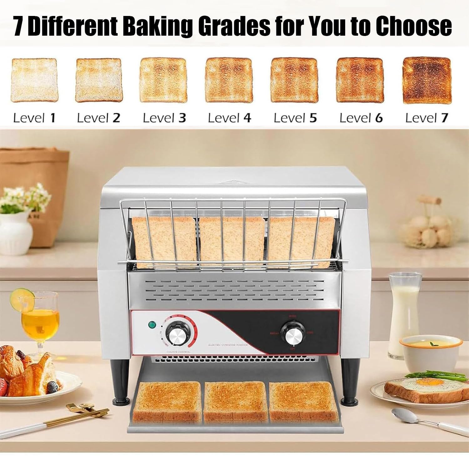 Tostadora Comercial De Cinta Transportadora, 150/300/450 Rebanadas/Hora, Tostador de Cinta Doble,para Restaurantes, con 7 Niveles De Tostado, para cruasán de Bagel 150