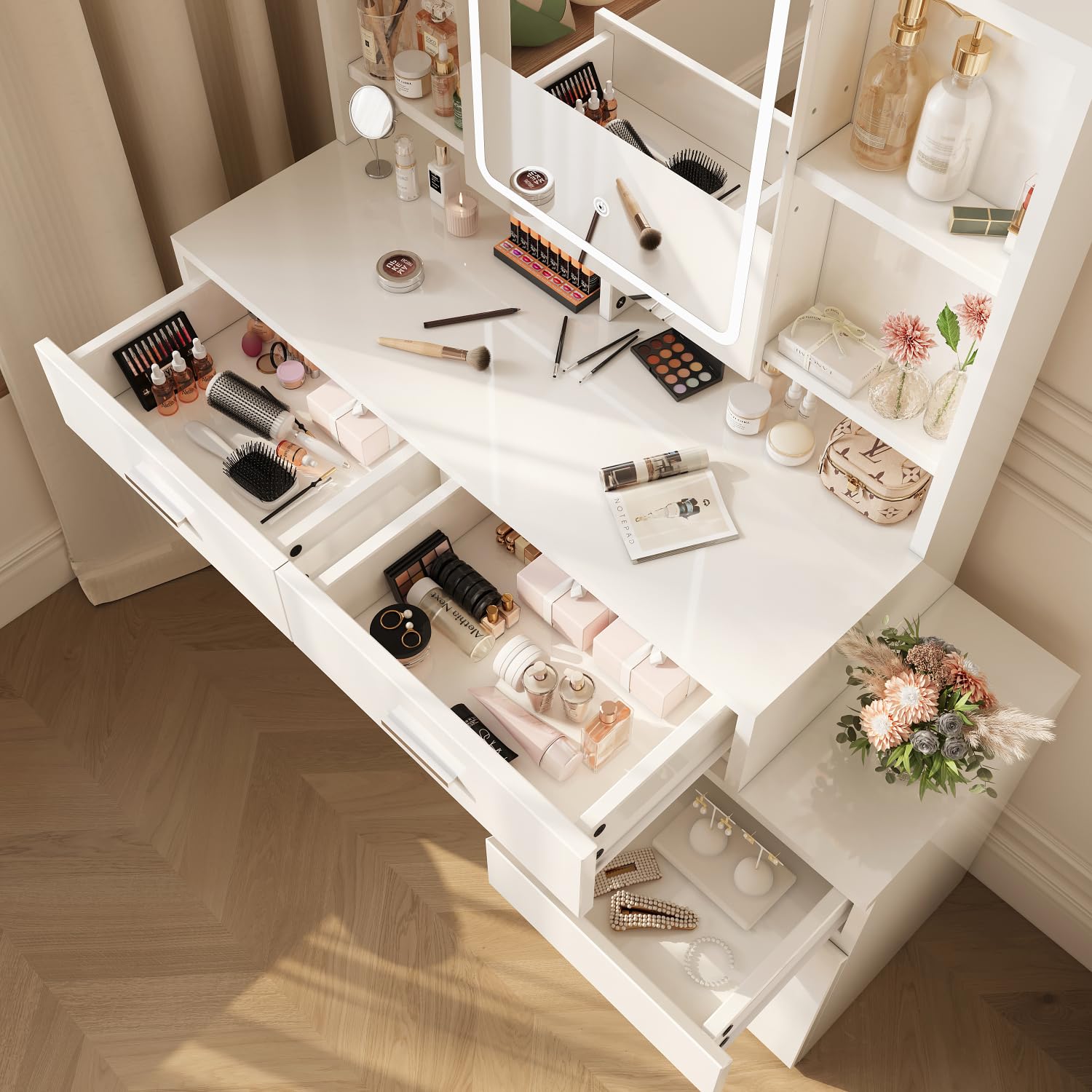 DE BESTE KAPTAFEL MET SPIEGEL MET LED-VERLICHTING VOOR DE SLAAPKAMER Met Kruk En Zijkast Een Modern Make Upbureau Voor Dames En Meisjes