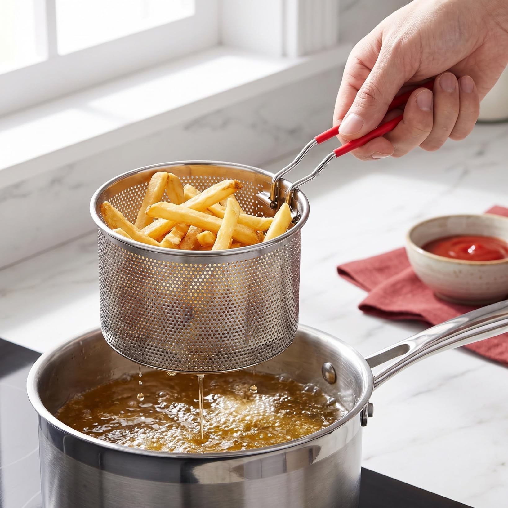 CALLARON Cesta redonda de acero inoxidable para freír, malla de alambre francés, canastas para freír alimentos, vajilla con asa para cocina, freír, pasta, espaguetis, 14 cm