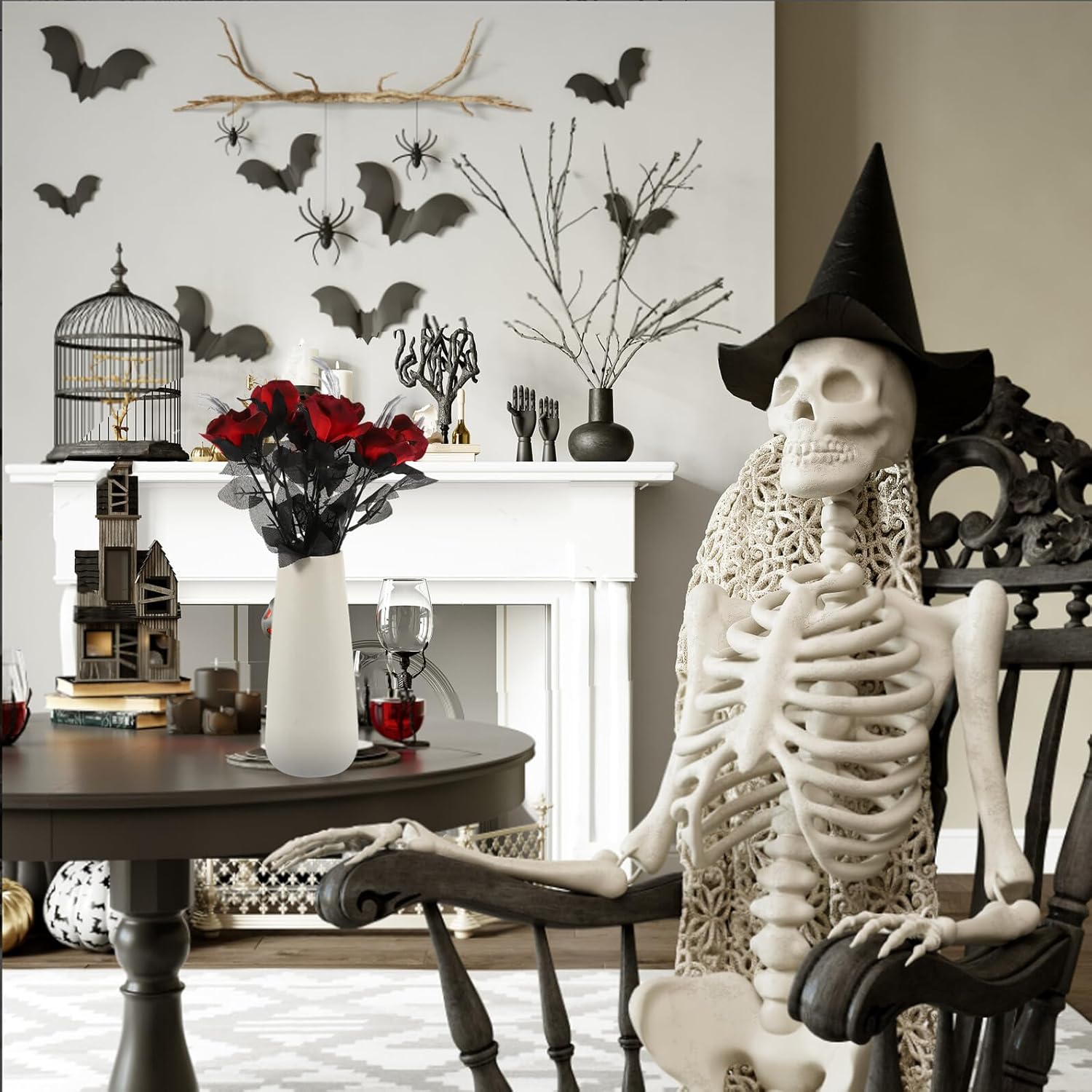 Operitacx 6pcs Spooky Halloween Artificial Rose Flowers Bouquet with Black Skeleton Hand Stem Decorative Faux Red Roses for Halloween Party Home Décor