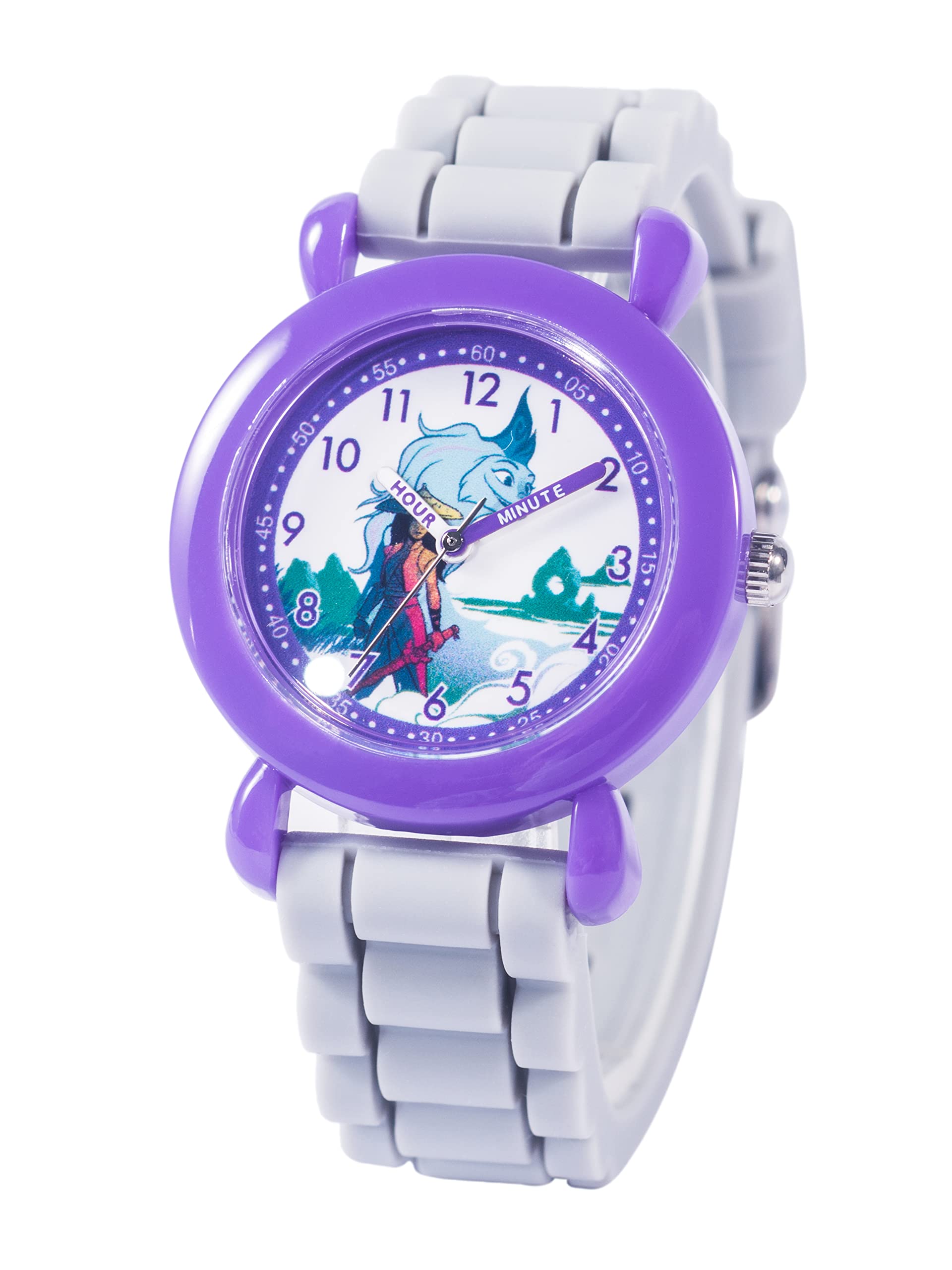Disney Raya and The Last Dragon Orologio per bambini dai 3 ai 7 anni con quadrante con personaggi magici - Ottimo regalo per i giovani fan - Quadrante di facile lettura, lunetta viola e cinturino in