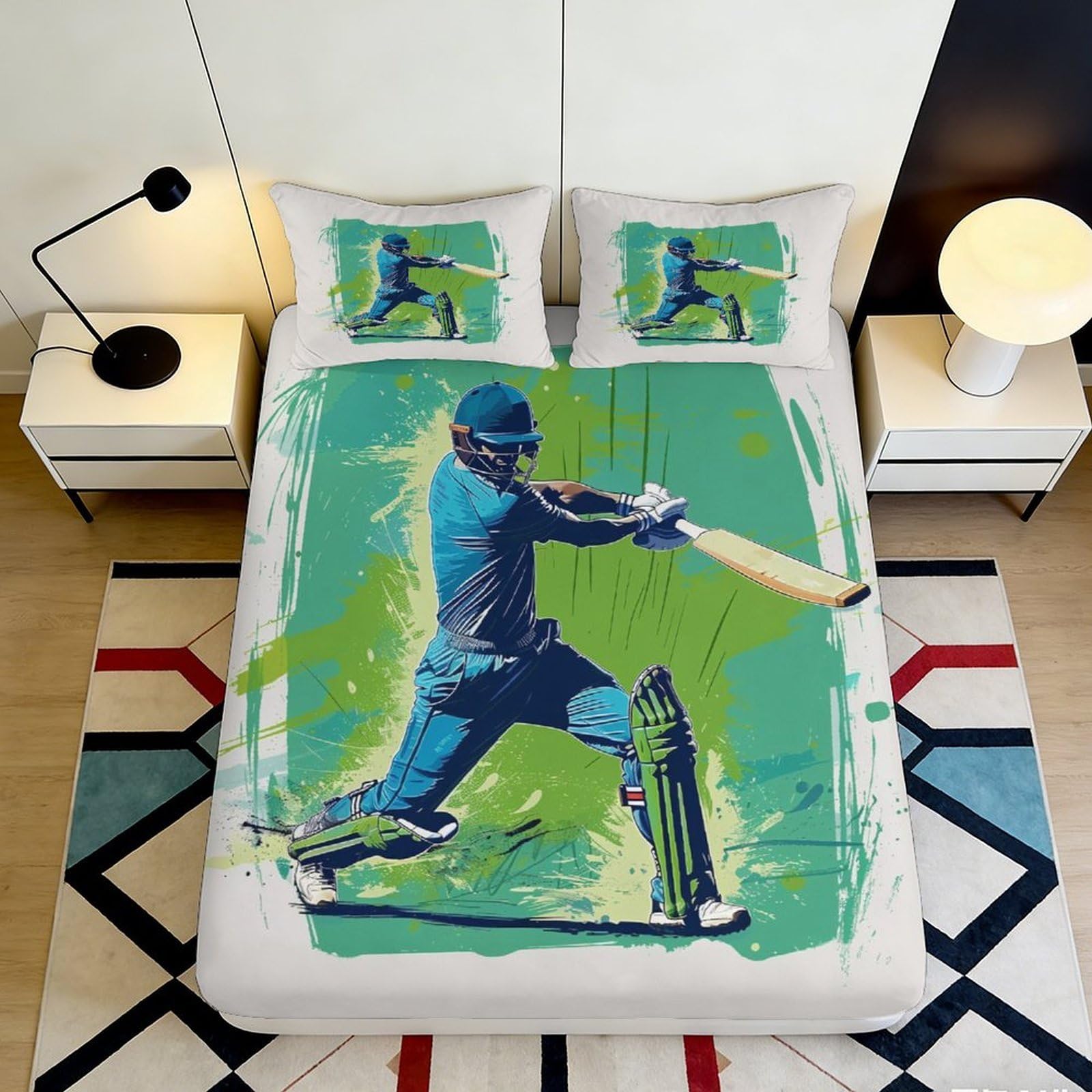3D Printed Cricket Player Fitted Sheet Microfiber Soft Green Sports Bed Cover for Bedroom Dorm Guest Mattress Protection Decor 90x200x25cm