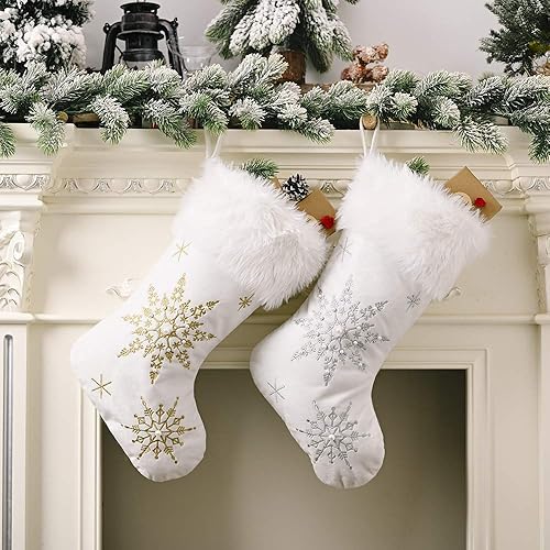 Miniatura 4 de Comfy Hour Let It Snow Collection - Calcetines navideños de copos de nieve de invierno de 18 x 11 pulgadas, calcetines bordados de terciopelo suave,