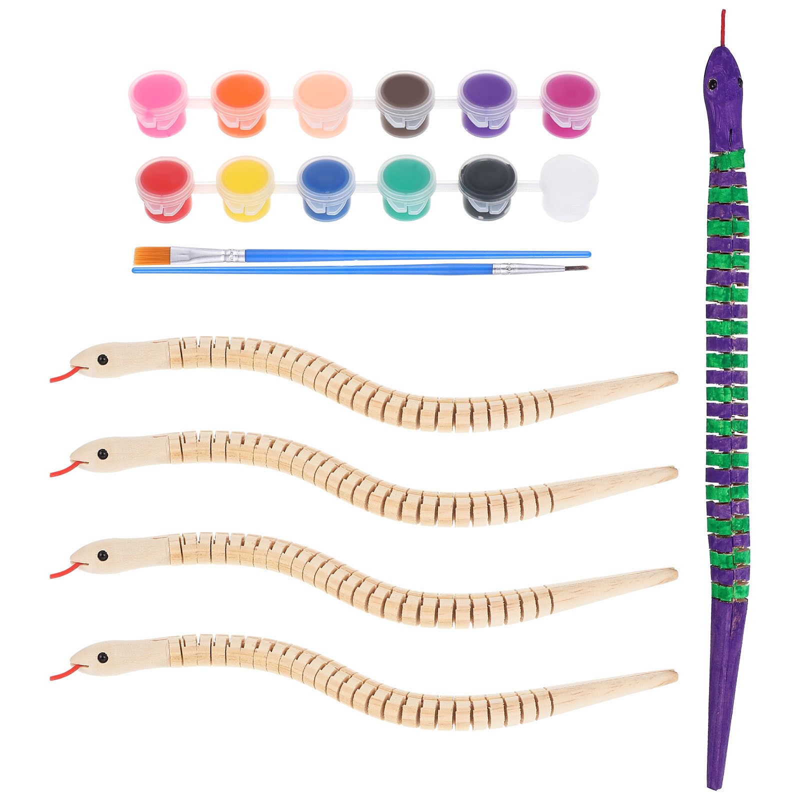 DOITOOL Children S Wooden Wiggly Snake Toy 12 Inch Flexible Painting Craft Kit with Movable Joints Multi-Colour Paints and Brushes for Creative Doodle Play and Party Decoration