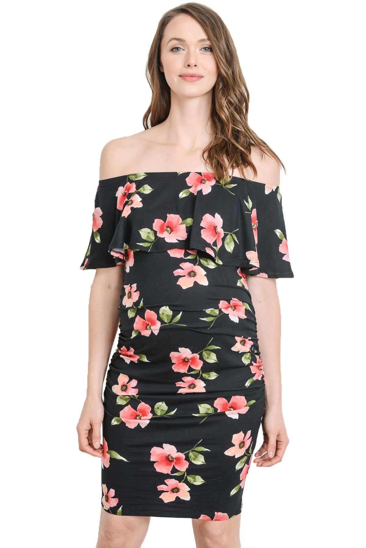 HELLO MIZ Womens Floral Ruffle Off Shoulder Maternity Dress - Made in USA Small Black Red Floral