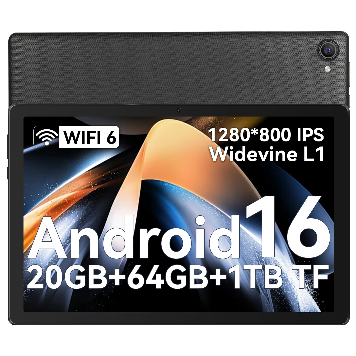 Whitedeer Tablet 10 pollici Android 16 20GB+64GB+1TB 1280*800 IPS WiFi 6 BT5.3 6000mAh Widevine L1 Nero