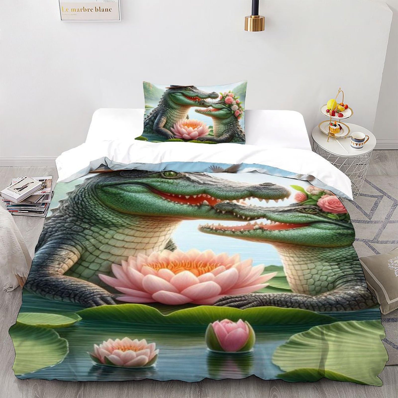 Housse de couette crocodile lit simple 135x200 microfibre avec taie d'oreiller enfant