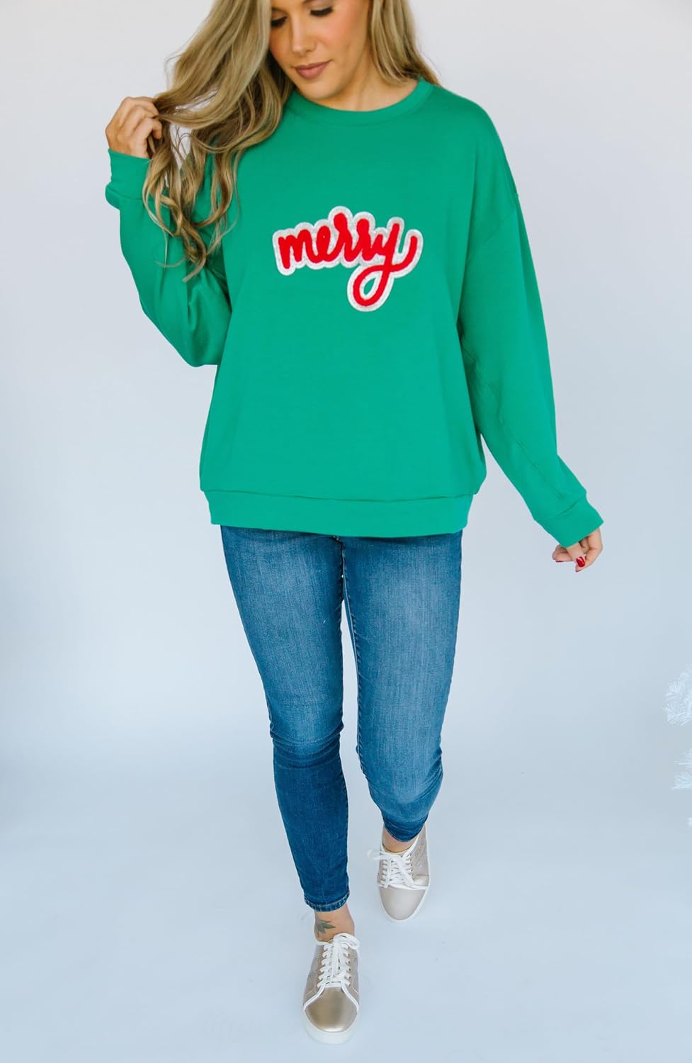 Mary Square Sequin Embellishments Polyester Blend Women's Crew Neck Festive Christmas Holiday Buttery Soft Sweatshirt