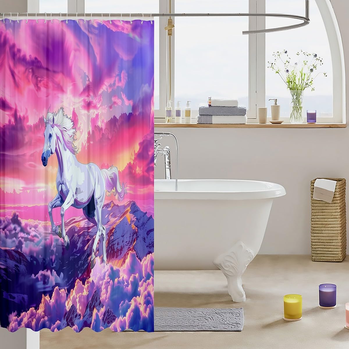 Cute Horse Shower Curtain Romantic Mountain Sky Scenery Bathroom Curtain for Kids Girls Boys Teens Room Decor Fantasy Unicorn Waterproof Curtain Watercolor Pink Blue Bath Curtain,72" Wx84 L
