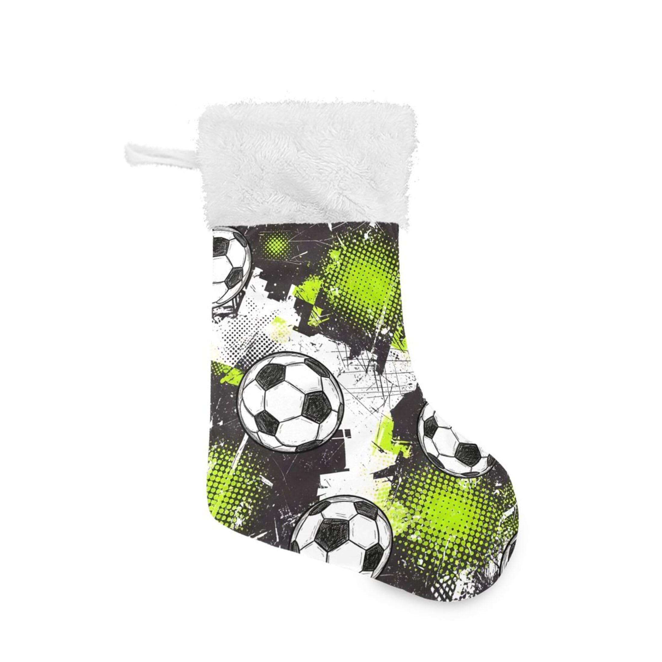 Fuauuyl Soccer Christmas Stocking 18 In Xmas Hanging Stocking with Plush Cuff for Family Holiday Party Fireplace Decorations, 2 Pack