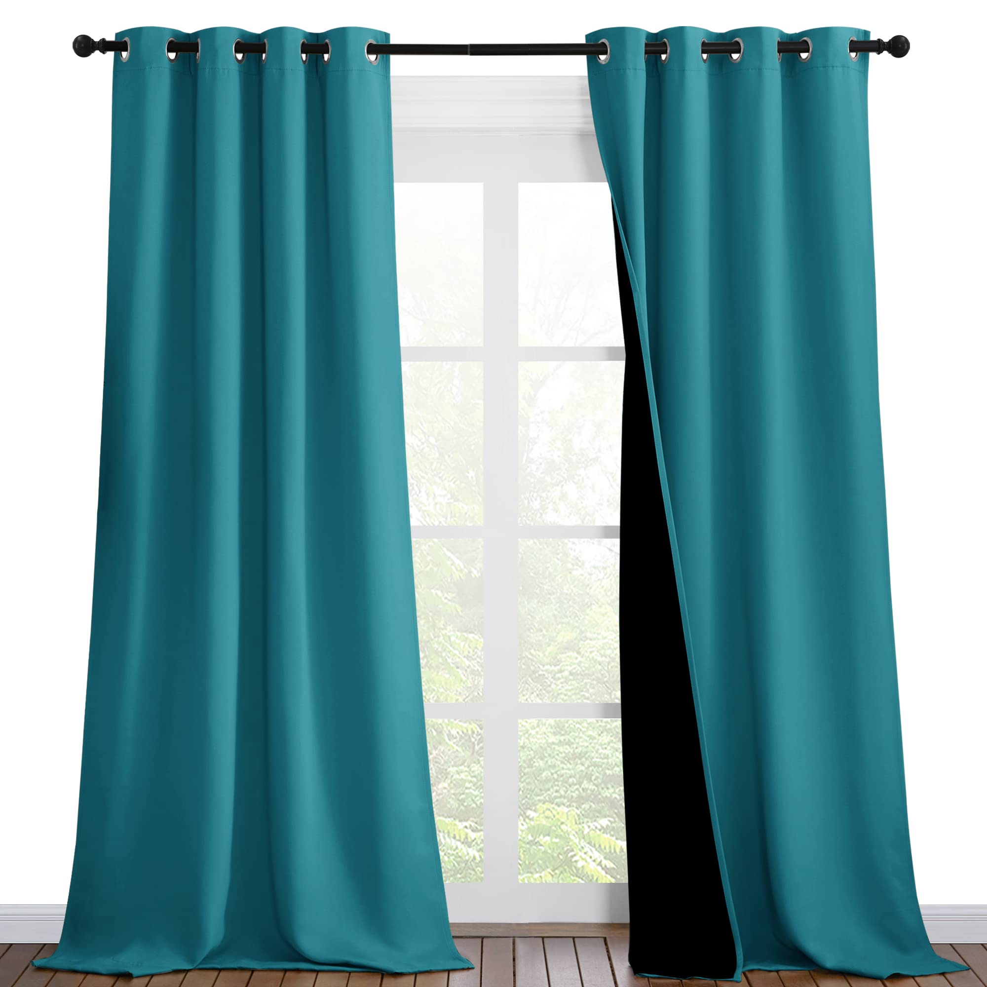 NICETOWN Peacock Teal Blackout Curtains 90 inches Long, Full Light Blocking Drapes with Black Liner for Nursery, Thermal Insulated Draperies for Hall, Villa (2 Pieces, 46" Wide Each Panel)