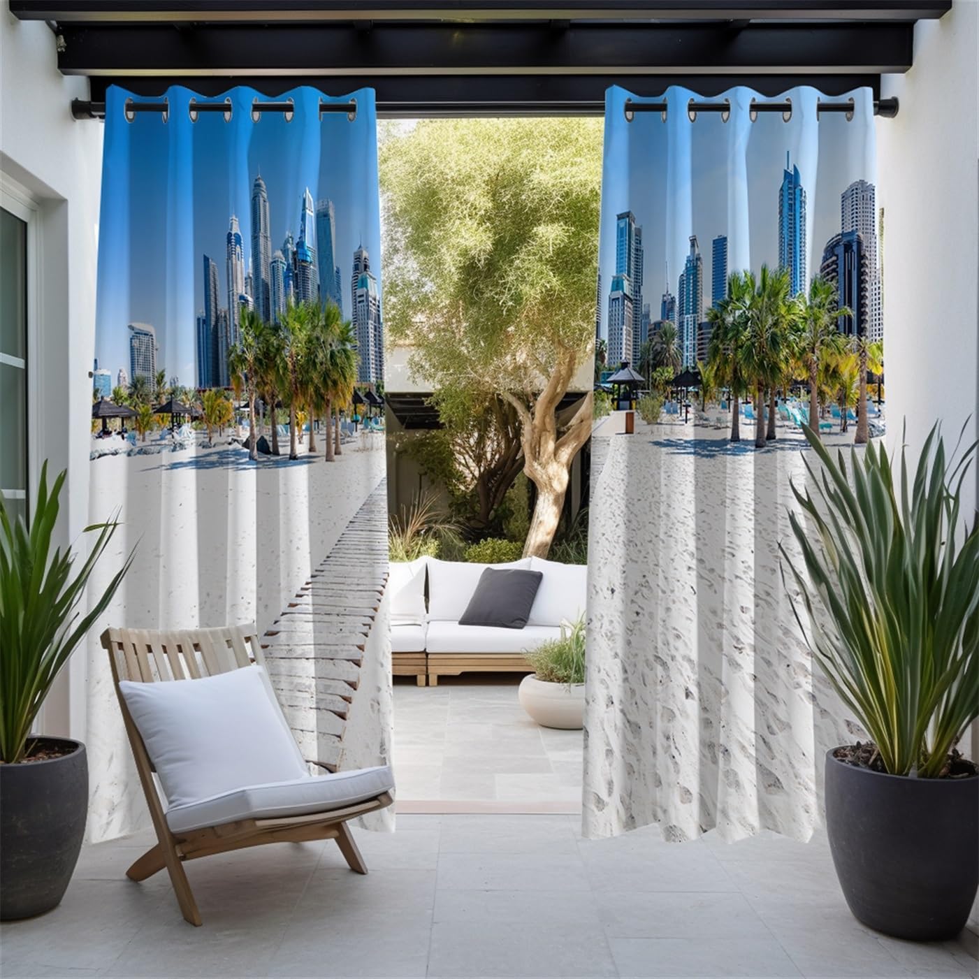 2 Piece Waterproof UV Protection Privacy Outdoor Curtains, Beach Printing Thermal Insulated Opaque Blackout Outdoor Curtain for Garden Patio, 84x84inch(WxL),
