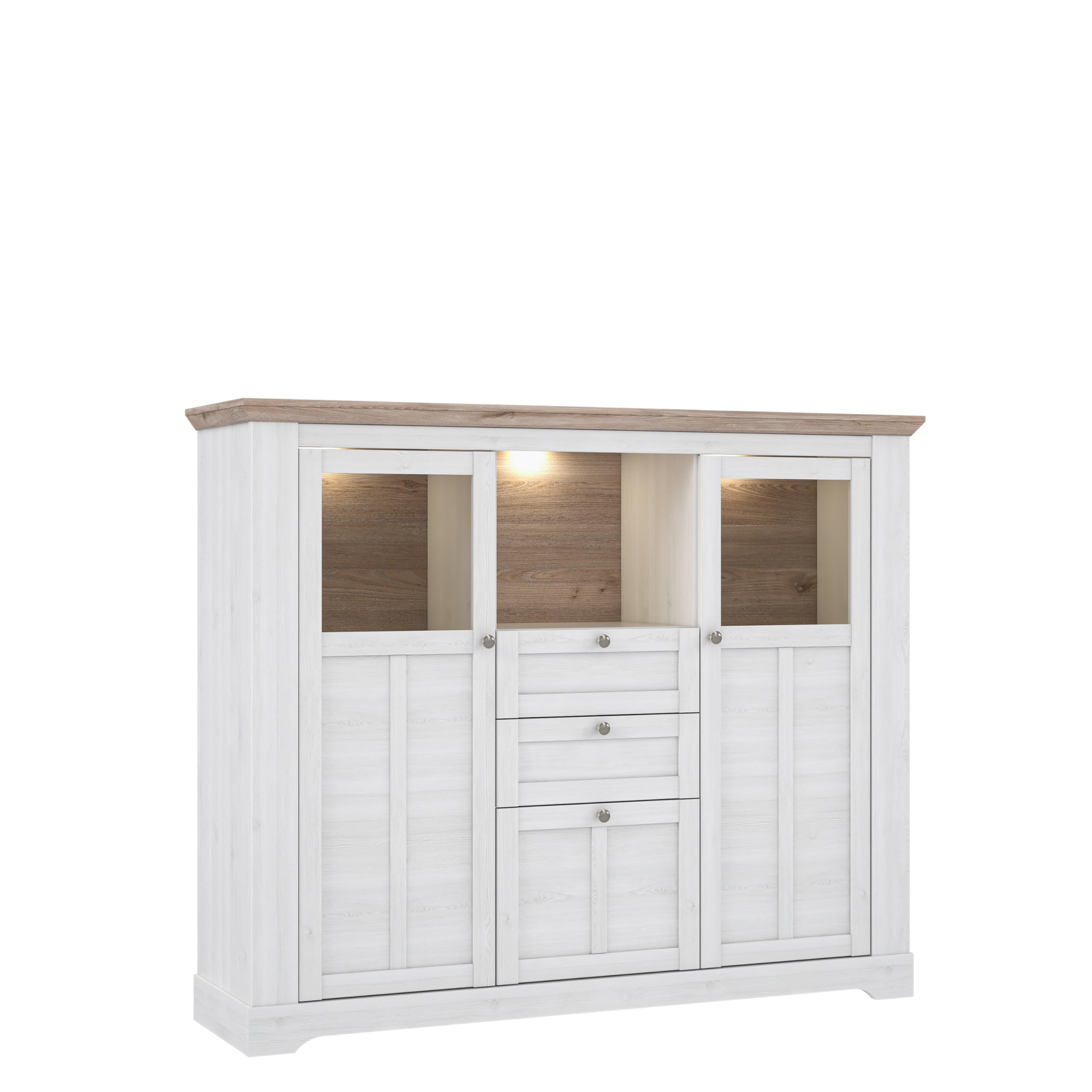 Forte ILOPPA Vitrine 165, Vitrine mit 3 Türen und 2 Schubladen, Vitrinenschrank im Landhausstil, Holzwerkstoff, Nelson Eiche/Schneeeiche Holzdekor, 165 cm breit x 136,1 cm hoch x 44,3 cm tief