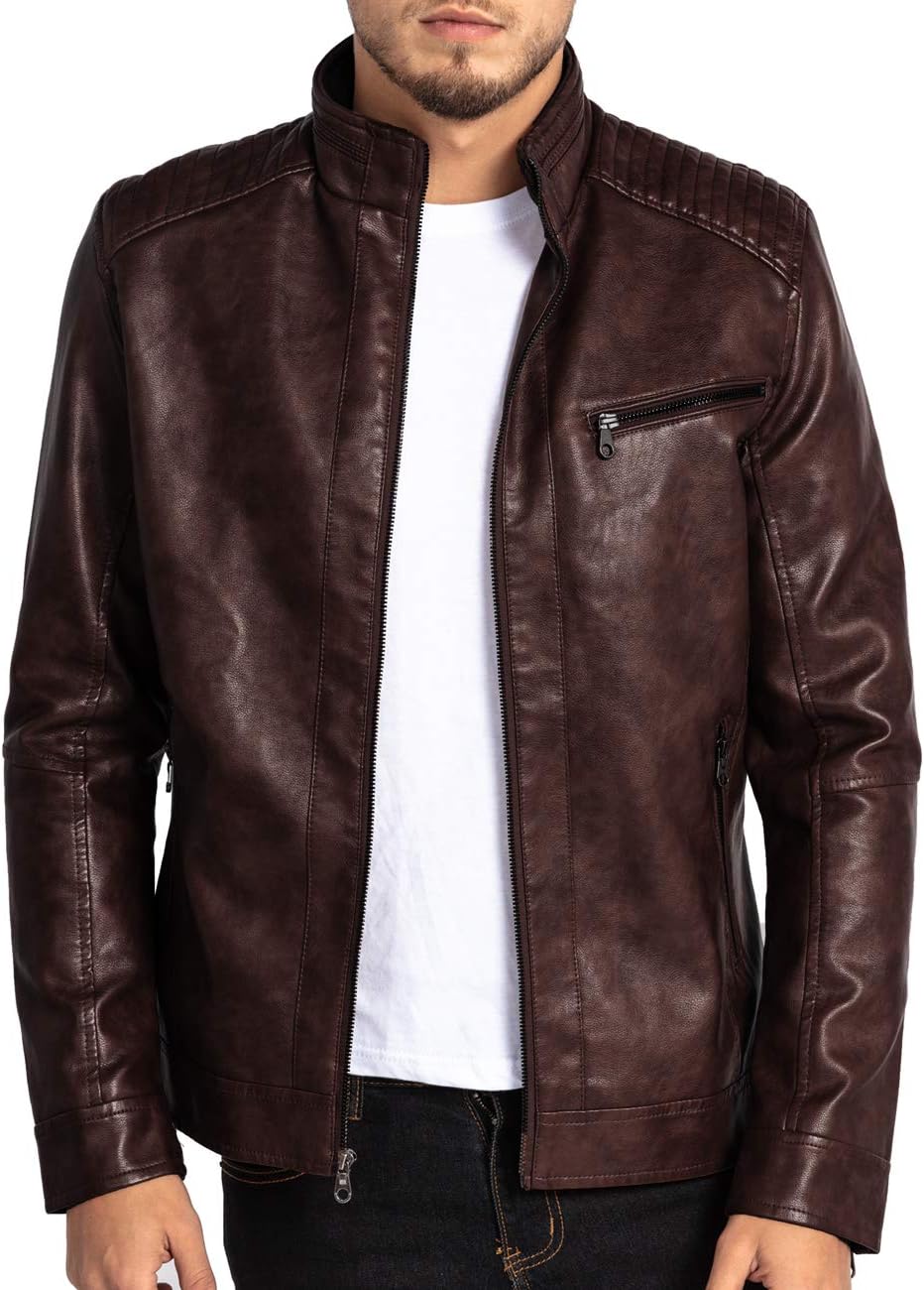 VICALLEDMens Leather Jacket Slim Fit Stand Collar PU Motorcycle Jacket Lightweight