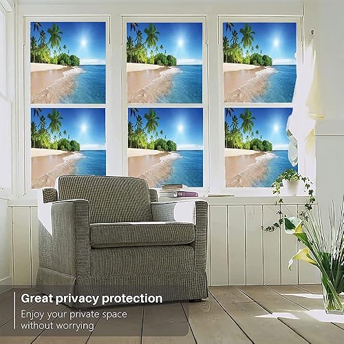 Vista 2 de Tropic - Película 3D para ventana, palmeras tropicales oceánicas en isla soleada, imagen panorámica, para puerta de cristal, baño, sala de estar