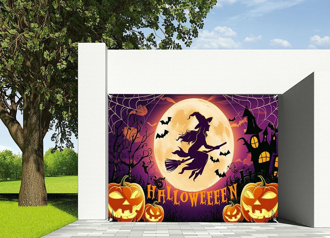 7x8ft Happy Halloween Haunted House Garage Door Decor Full Moon Pumpkins Bats Beautiful Witch Silhouette Garage Door Cover Indoor Outdoor Celebration Festive Background Decor