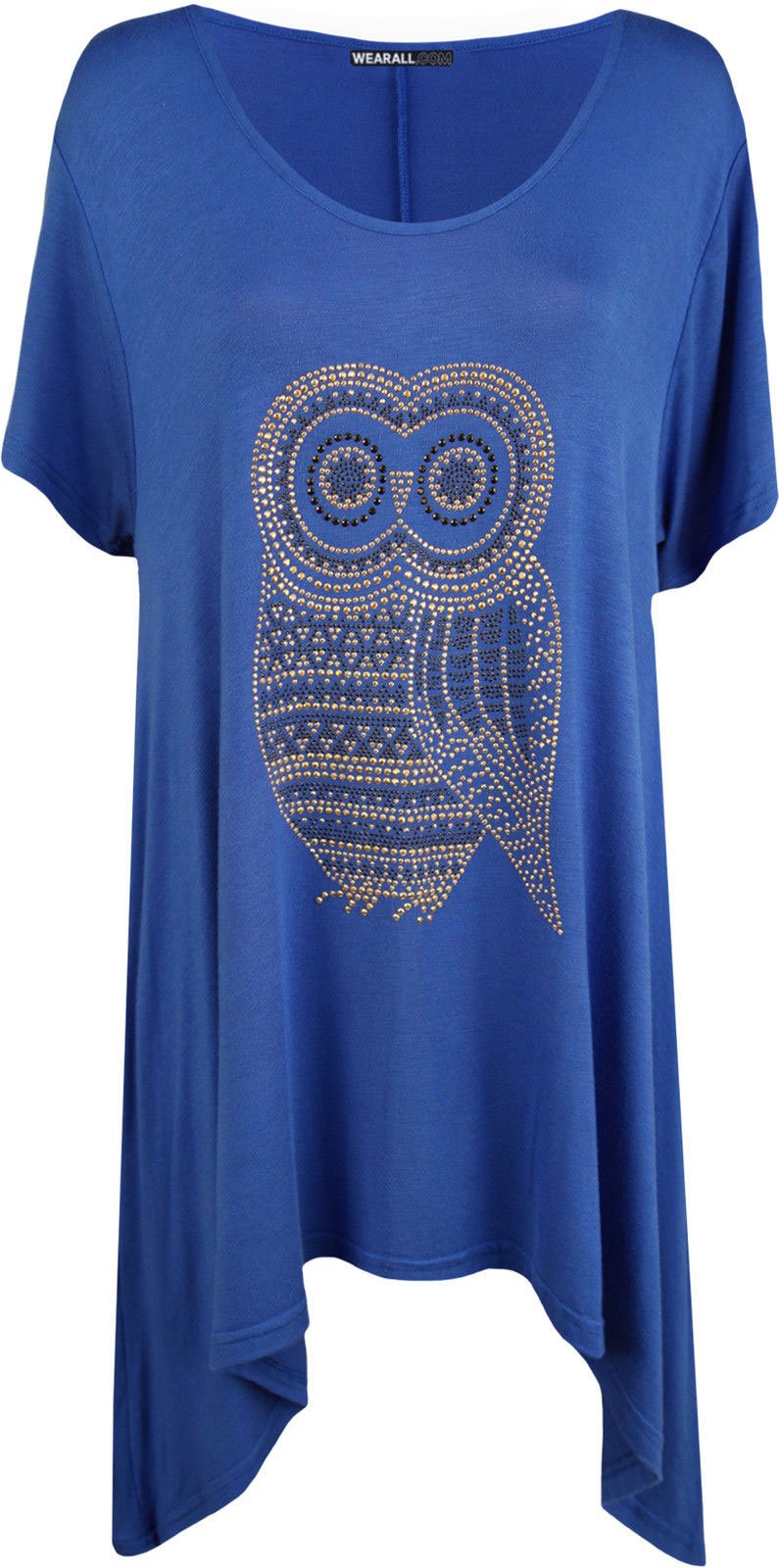 New Womens Plus Size Nauvelle Owl Diamante Stud Tunic Flared Top Size Royal 26/28