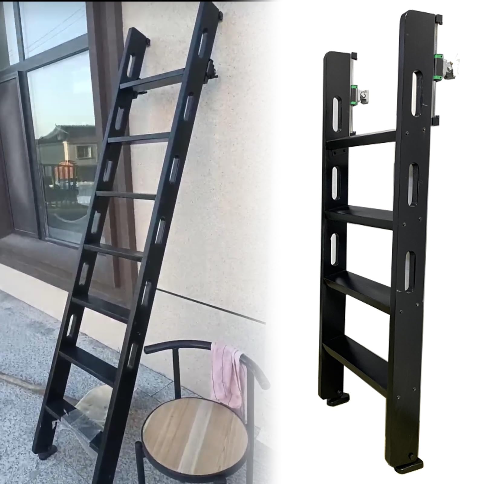Échelle de grenier en bois pour lit superposé et accès mezzanine avec rail noir discret