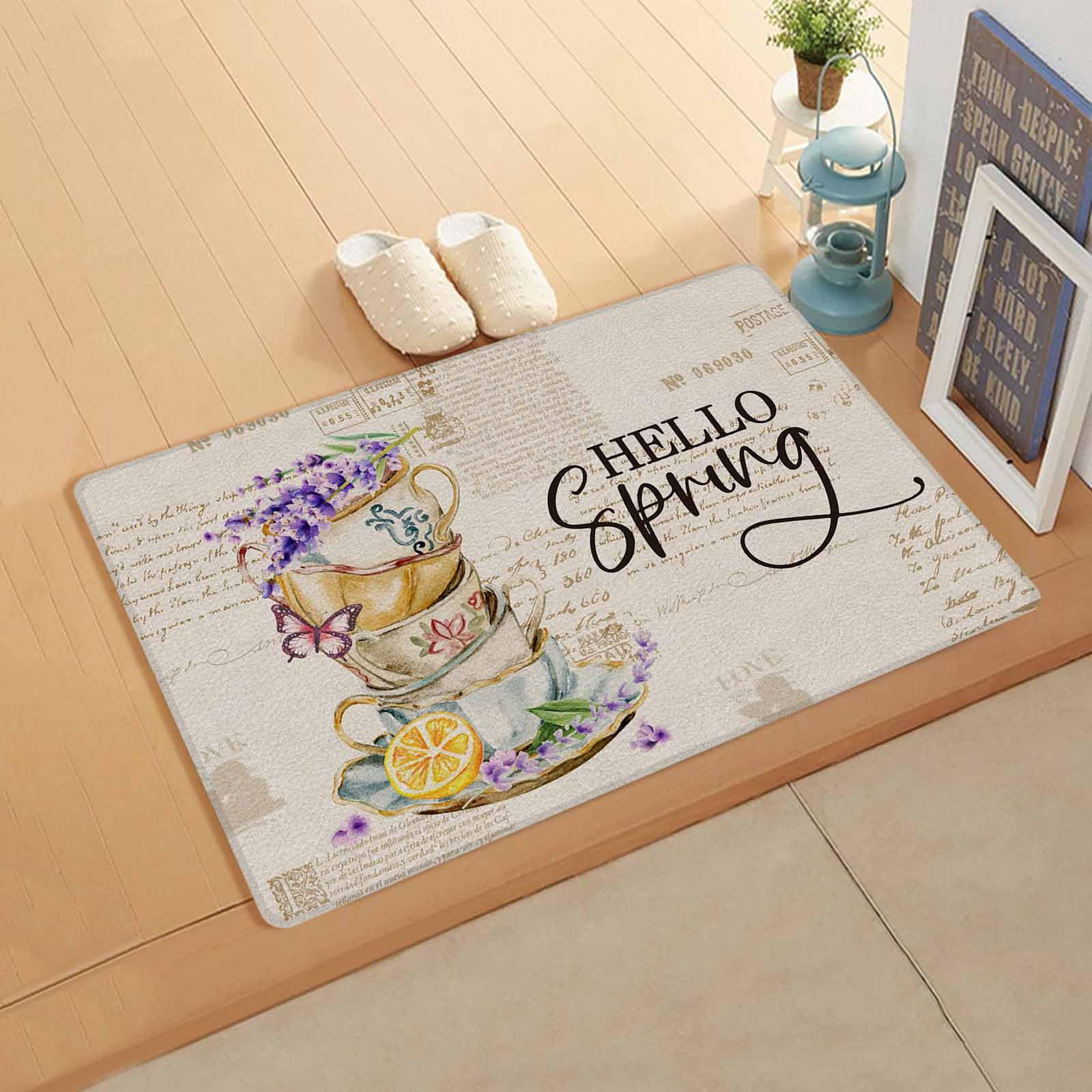 Lavender Flowers Antifatigue Kitchen Bath Door Mat Cushioned Runner Rug,Washable Welcome Floor Sink Mat,Waterproof & Non-Slip Kitchen Standing Doormat,Vintage Brown Teacup Spring Summer Lemon 18