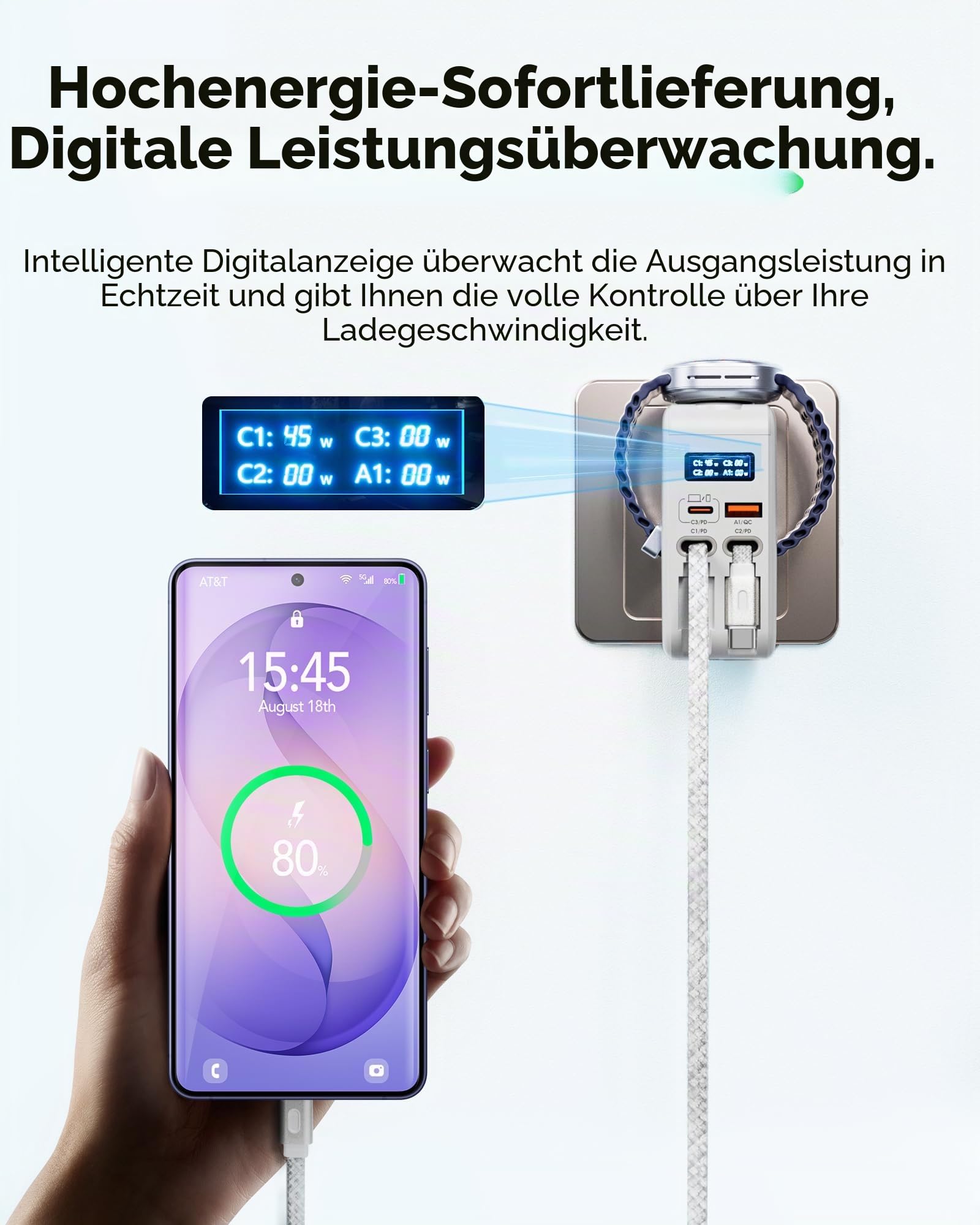 HATALKIN 5-in-1 Retractable Charger für Galaxy Watch 8/7/6 mit LED Display | 67W Usb C Ladegerät für Samsung, iPhone, [Nicht für die Apple Watch,etc], 90CM Einziehbares Ladekabel, GaN6-Sicherheitschip