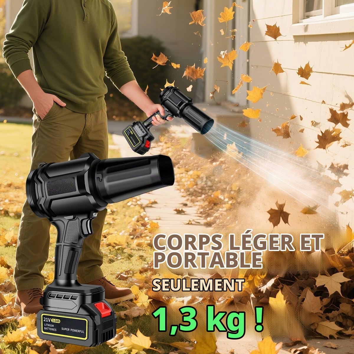 Souffleur turbo 3000W - Souffleur de feuilles électrique à batterie avec 2 batteries, moteur sans balais 30 000 tr/min, souffleur électrique à poussière/air pour feuilles, neige et poussière - réglage