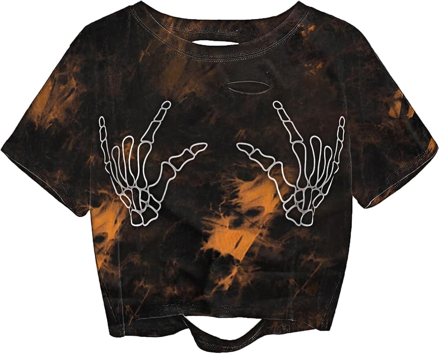 Avanova Women Skull Finger Graphic Distressed Tee Shirt Ripped Short Sleeve Crop Tops