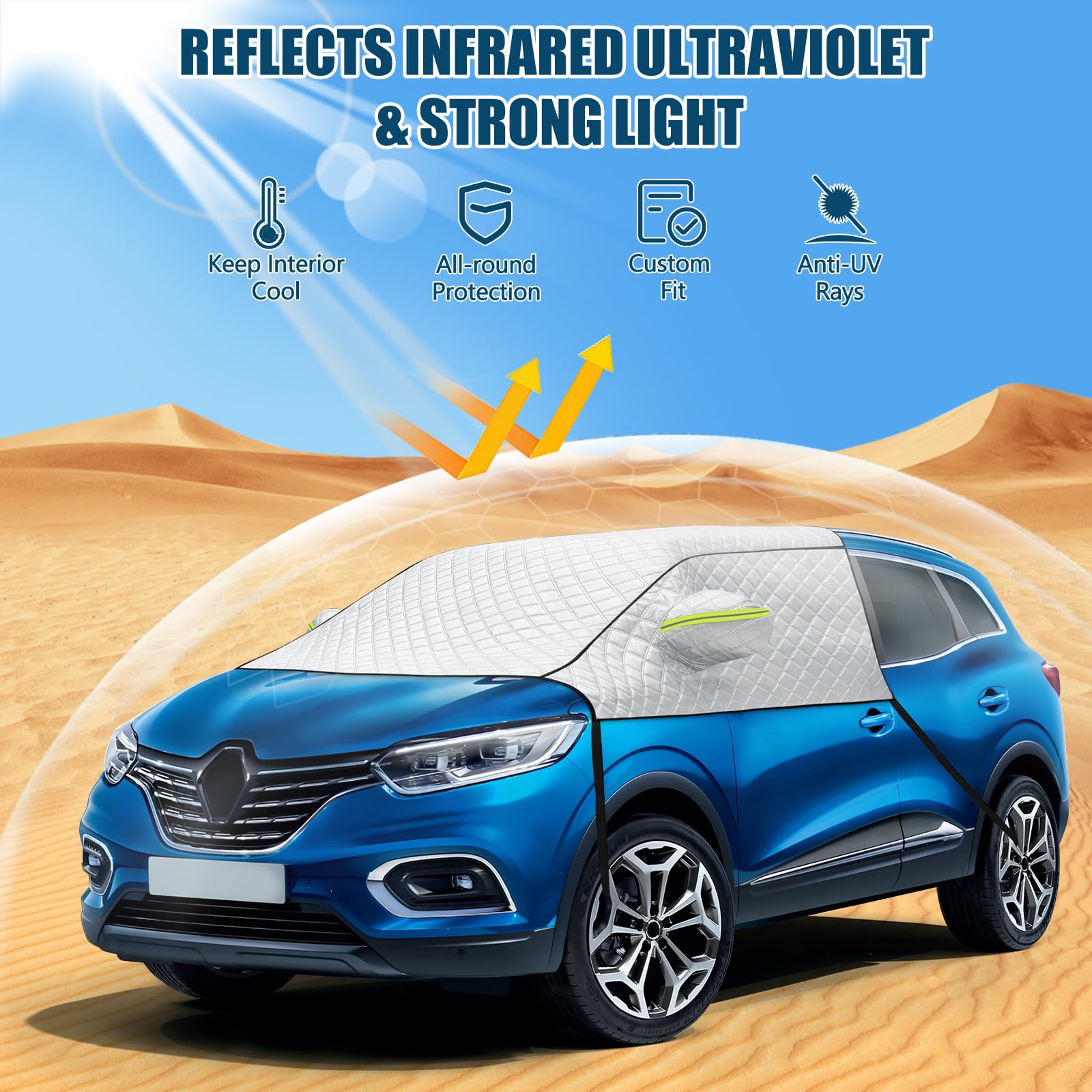 Copertura per Parabrezza Auto per Renault Kadjar | Copri Parabrezza Auto Esterno in Alluminio con Cuffie Riflettenti per Proteggere dai Raggi UV Neve Ghiaccio Polvere e Sole