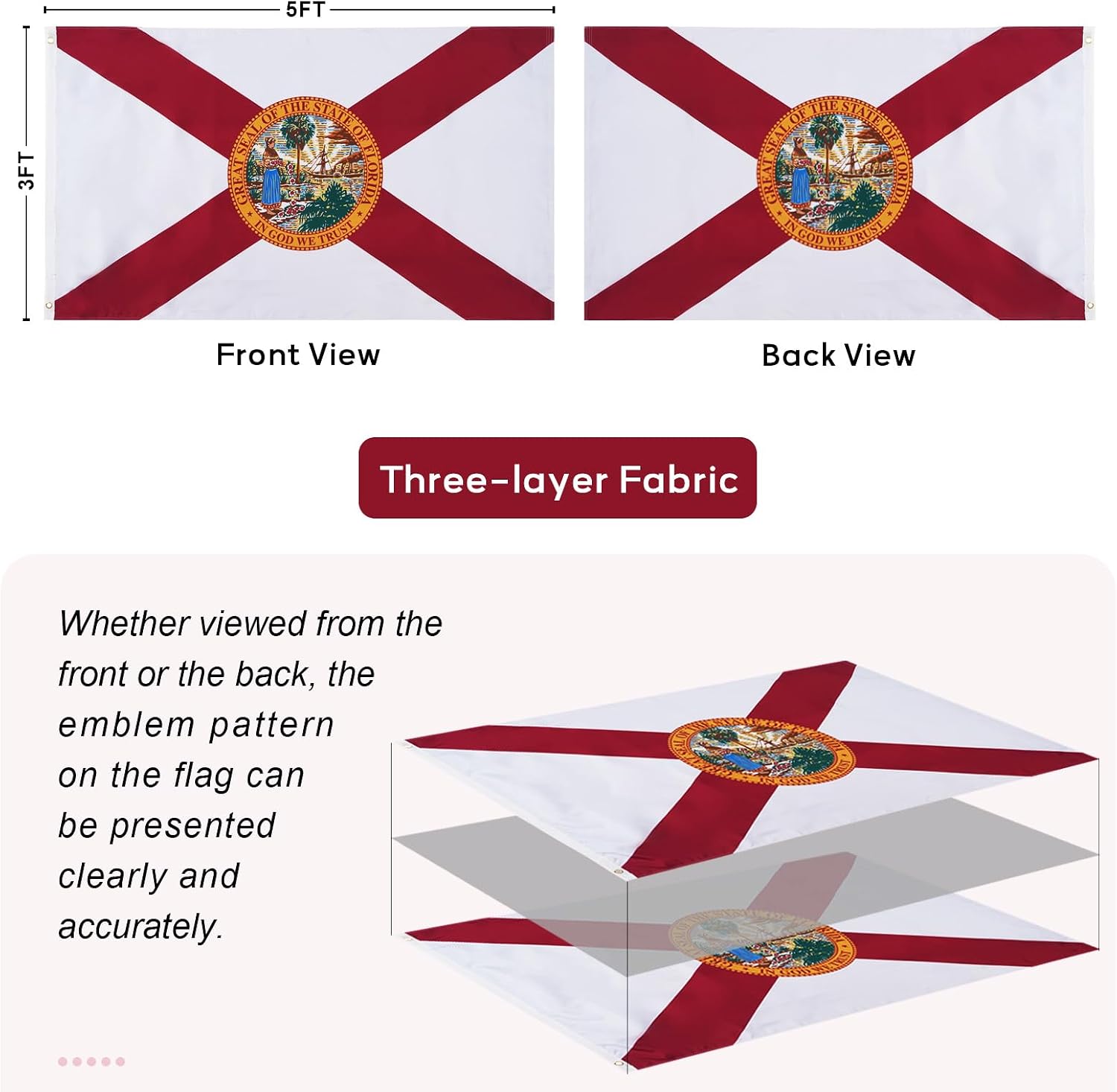 Florida State Flag 3x5 ft Outdoor, Double Sided 3 Layers Florida Flags, Heavy Duty State of FL Flag with 2 Brass Grommets for Outsides Insides