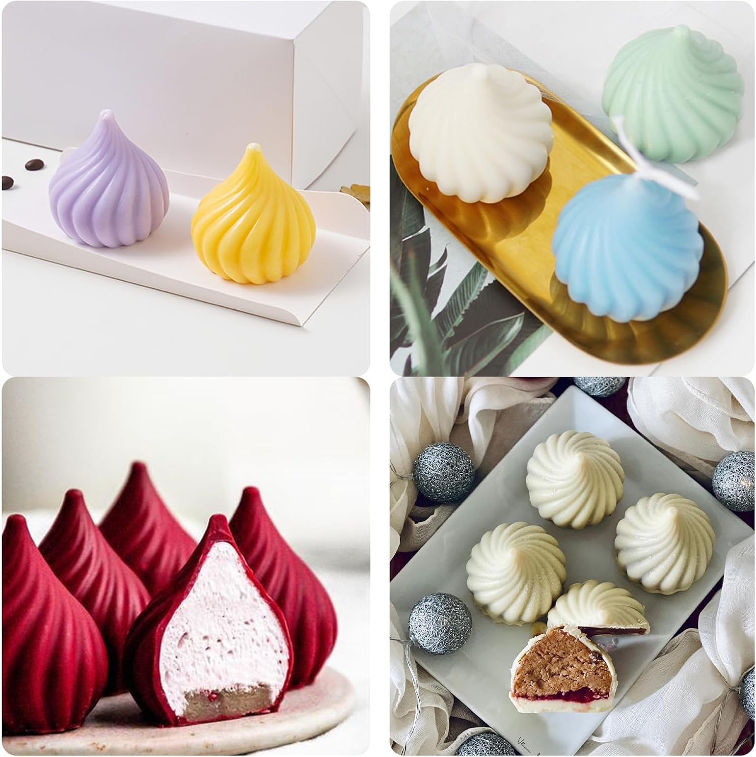 15-Cavity Incense Cone Swirl Silicone Molds for Chocolate Mousse Baking | 3D Onion Spiral Twist Dessert Mold for Pastry, White, 11.46 x 6.77 in, Nonstick, Food-Grade, Easy to Release & Clean