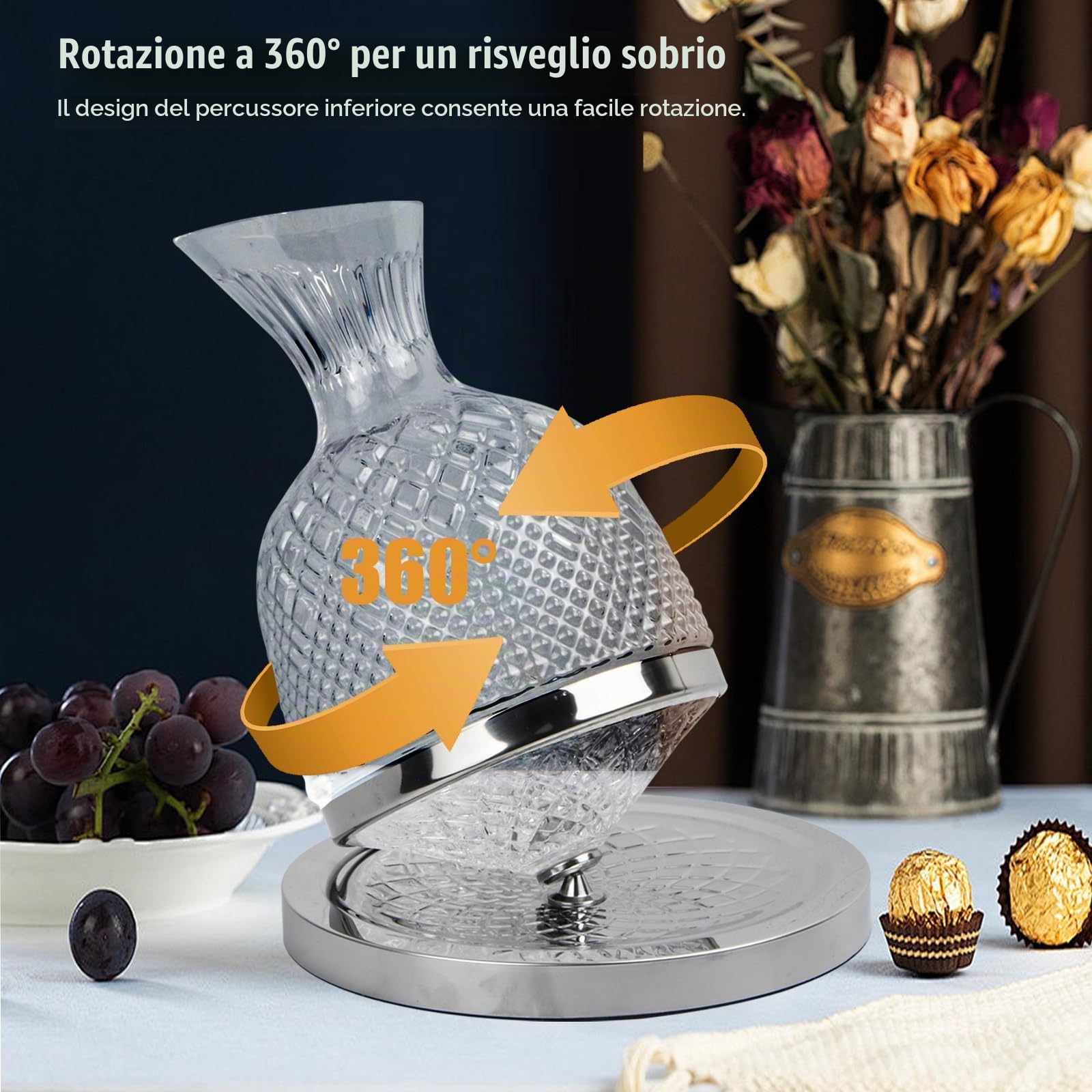 Decanter per Vino 1500ML, Decanter Vino Rosso Rotazione 360°, Caraffa Aeratore in Cristallo Vetro, Senza Piombo, Caraffa per Vino Soffiato a Mano, Vino Accessori, Regalo di Inaugurazione Casa